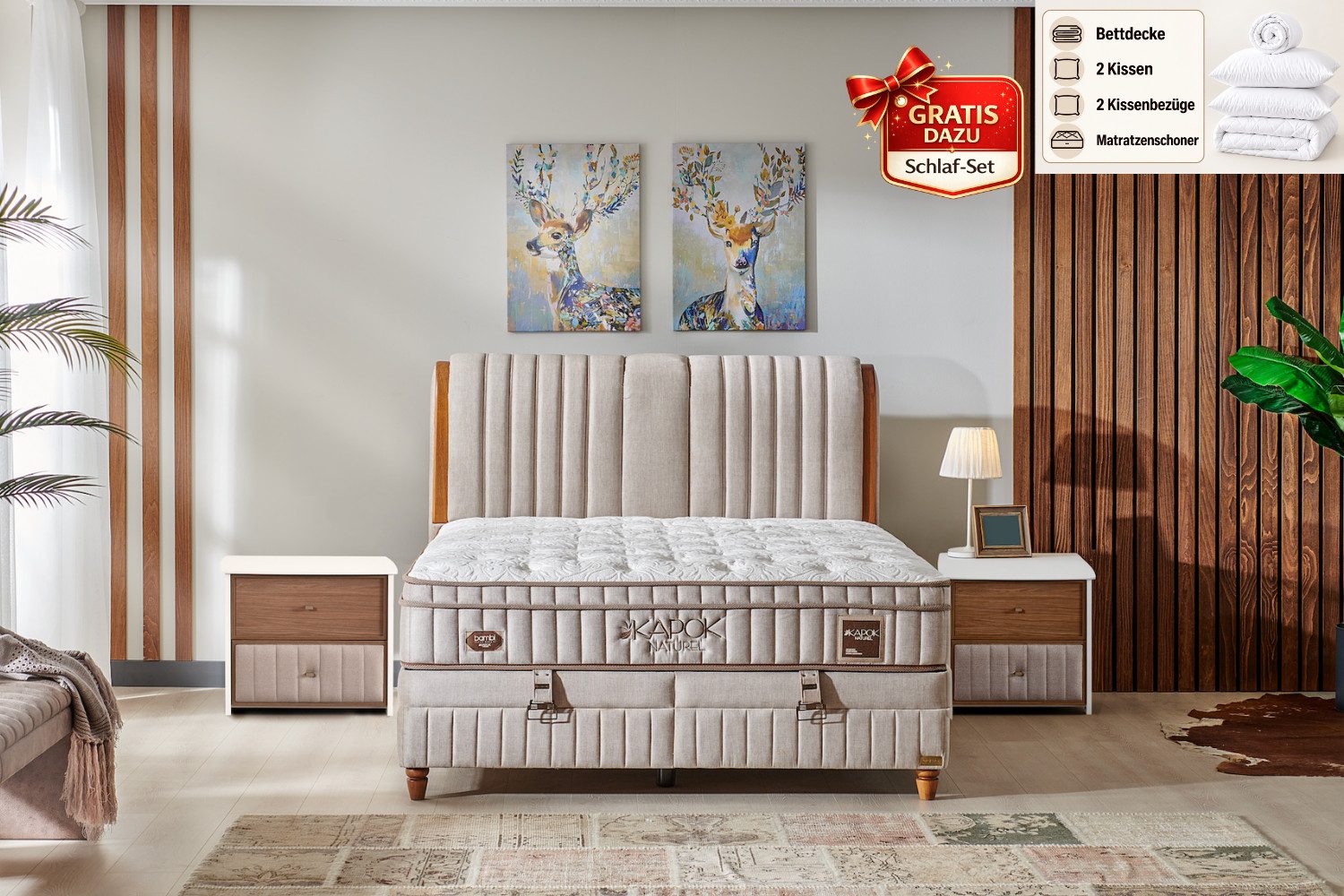 BAMBI YATAK Boxspringbett mit Bettkasten, Bambi Kapok Naturel, Bett mit Matratze opt. Nachttisch (H3 - Mittel, 1 x Matratze, 2 x Bettkasten, 1 x Bettkopfteil), Taschenfederkern, Hyper-Schaum, Komfortschicht, Matratzenhöhe: 31 cm