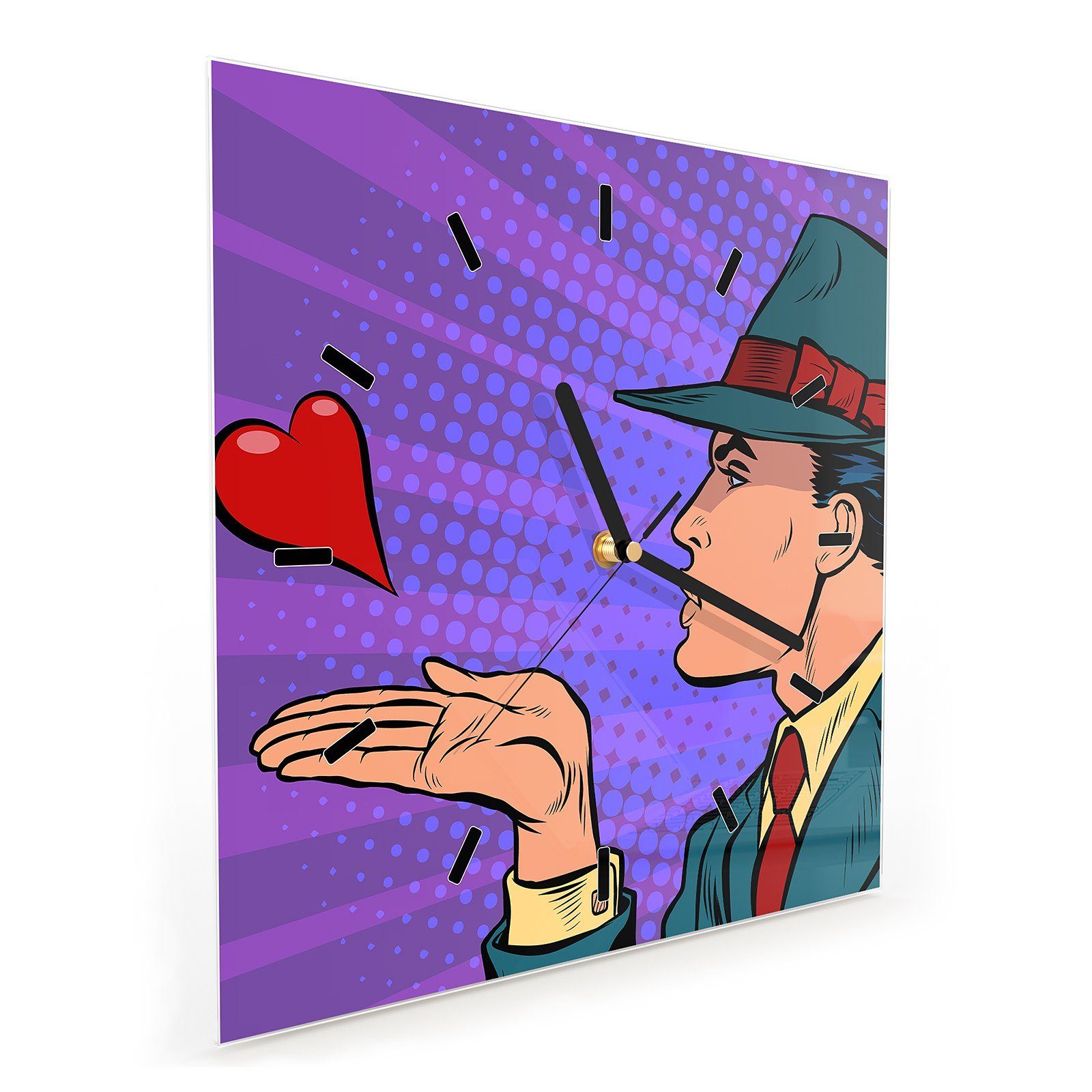 Primedeco Wanduhr Glasuhr Wanduhr 30 x cm Herz küsst Wandkunst Mann 30 Motiv mit Größe ein
