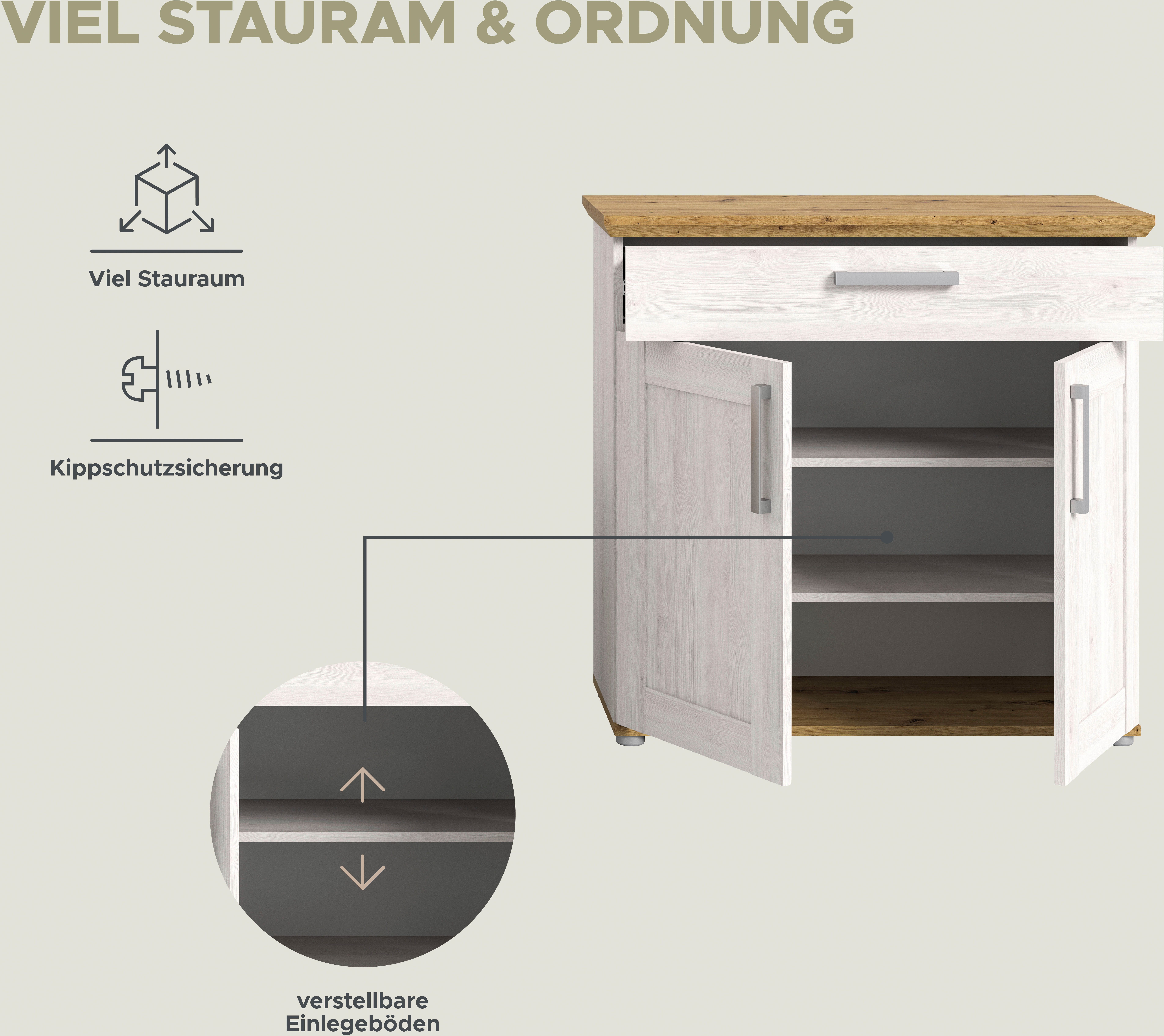 Home affaire Schuhschrank COSENZA, Breite 95 cm, 2 Türen, 2 Böden, 1 Schubkasten in Landhausoptik, Kommode, Anrichte, Schrank, Sideboard – Bild 4 von 5