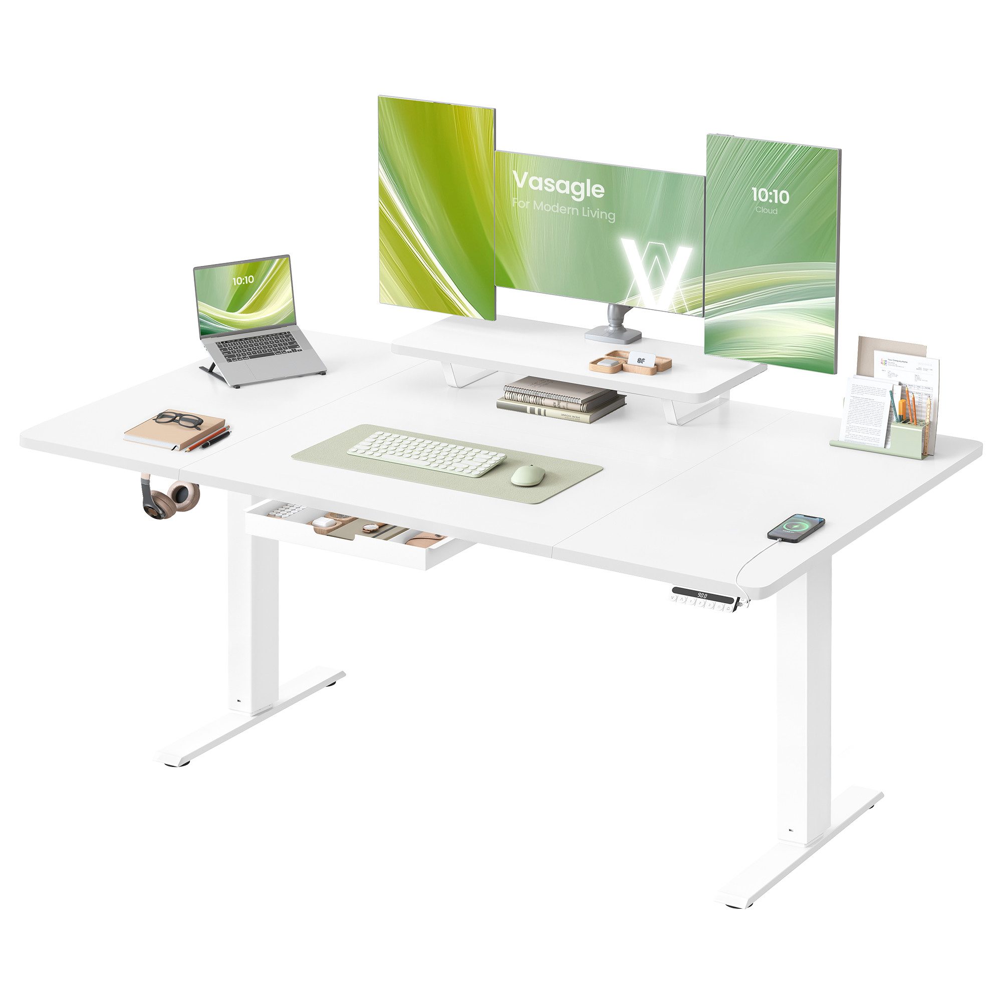 VASAGLE Schreibtisch Höhenverstellbarer, flexibel montierbarer Monitorständer, Schublade, USB-C-Anschluss, Erinnerung bei langem Sitzen