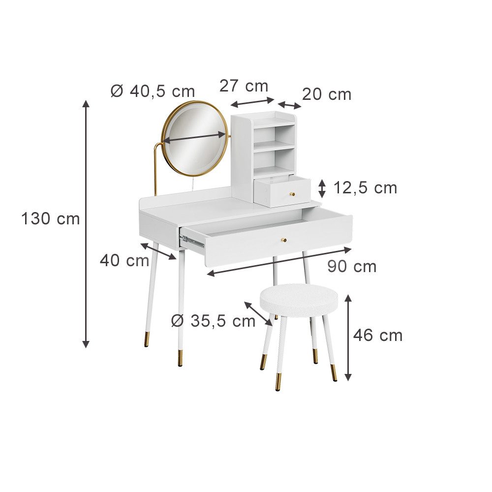 Vicco Schminktisch Mirela, Weiß, 90 cm mit LED-Spiegel und Hocker günstig online kaufen