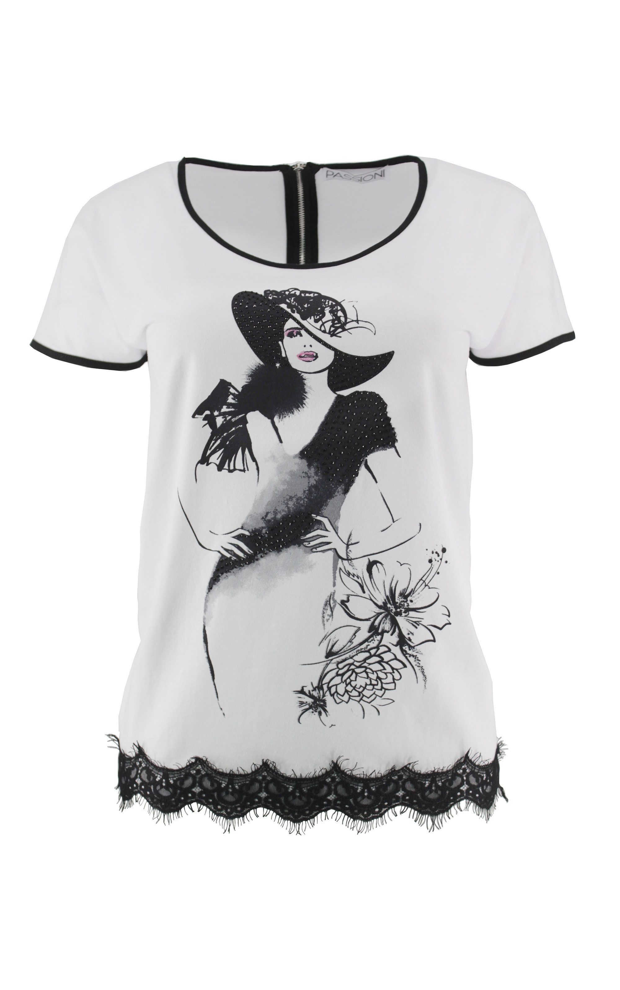 T-Shirt mit Spitzenbesatz und Modeillustration