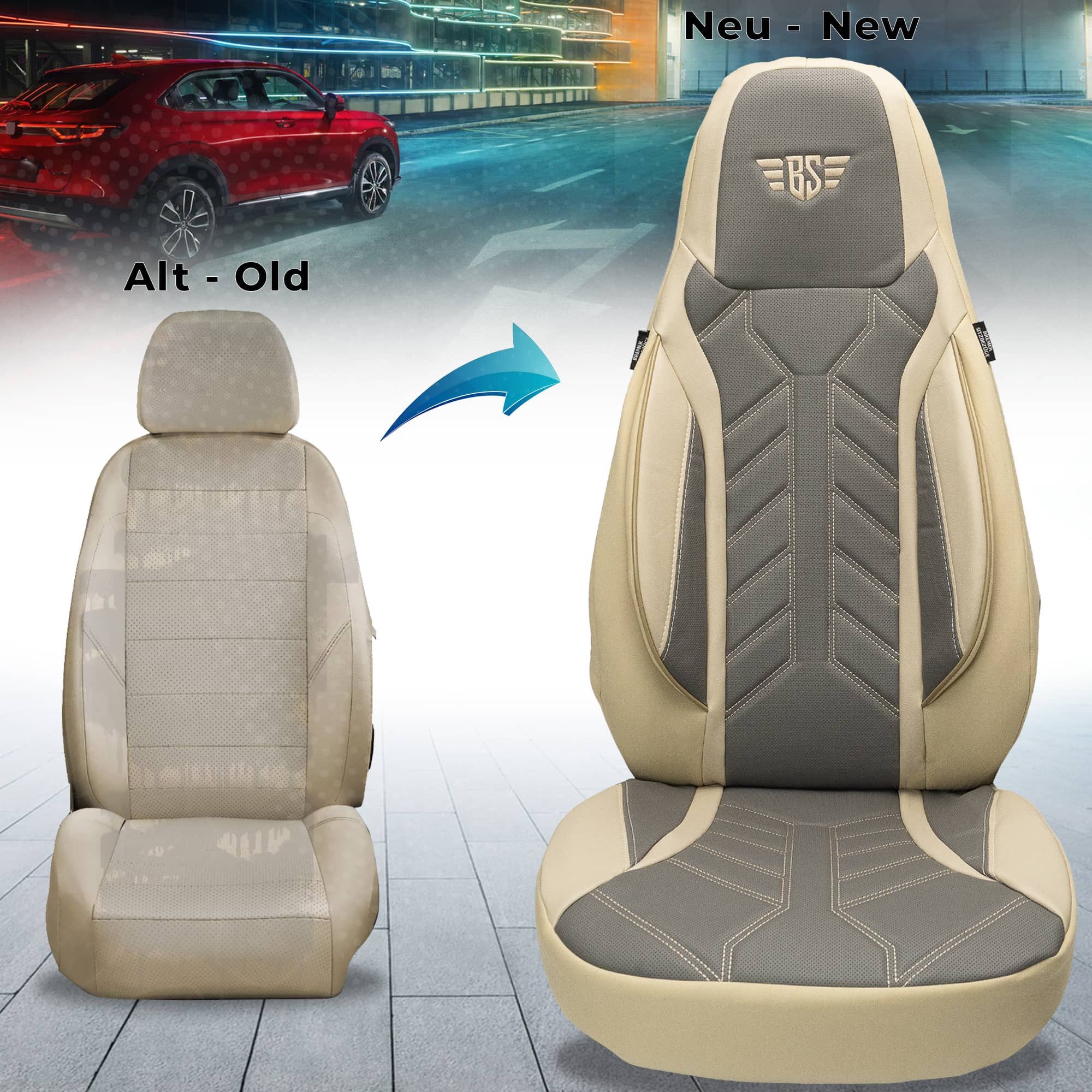 BREMER SITZBEZÜGE Autositzbezug für BMW 3er E46 Bj 1998-06 (DPL509), Set, 2-tlg., Schonbezüge Sitzbezüge Fahrer und Beifahrer, in Beige/Grau