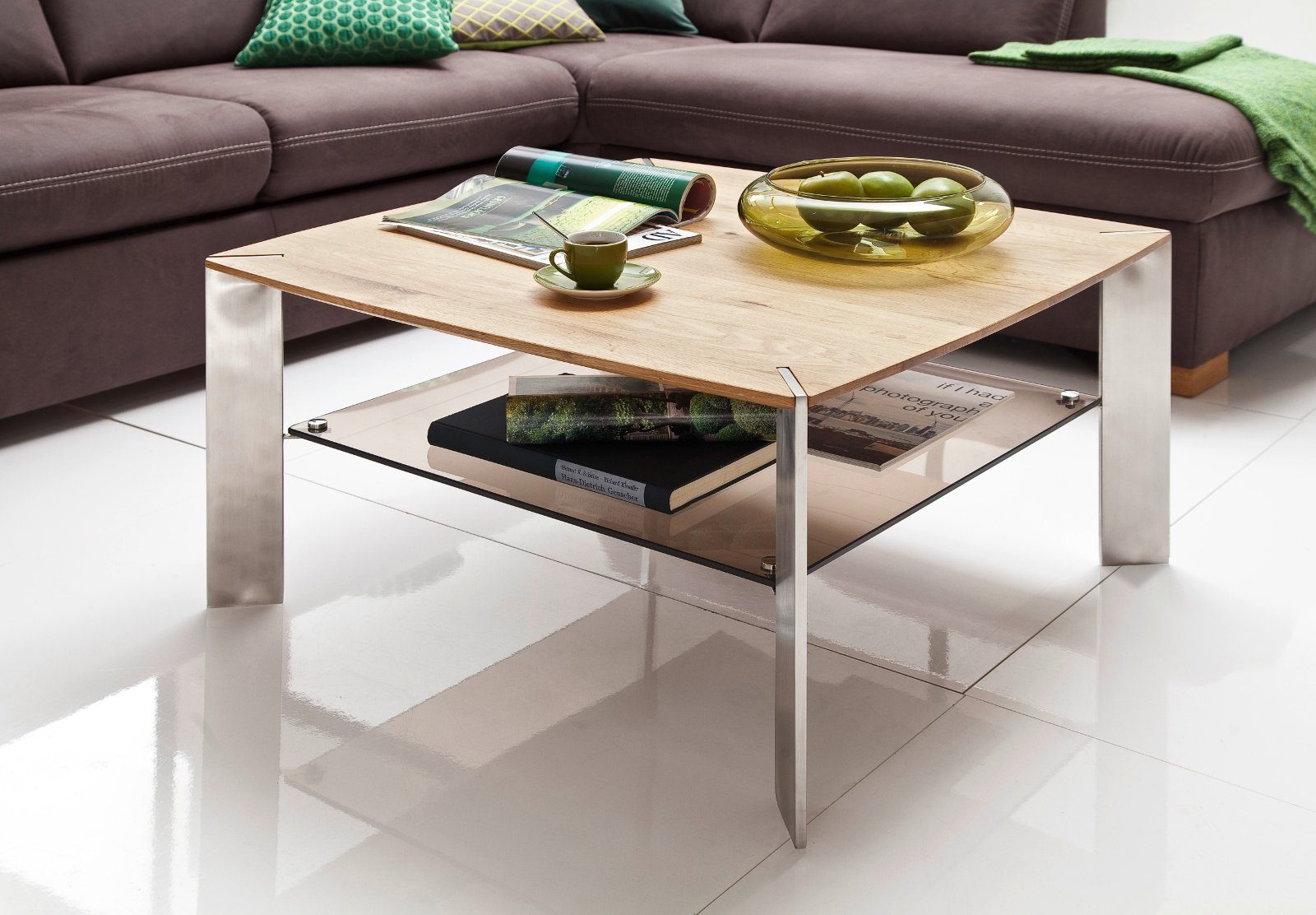 Edelstahl Asteiche quadratisch, massiv Couchtisch Nelia cm), (Wohnzimmer und furniture 50x50 MCA Tisch