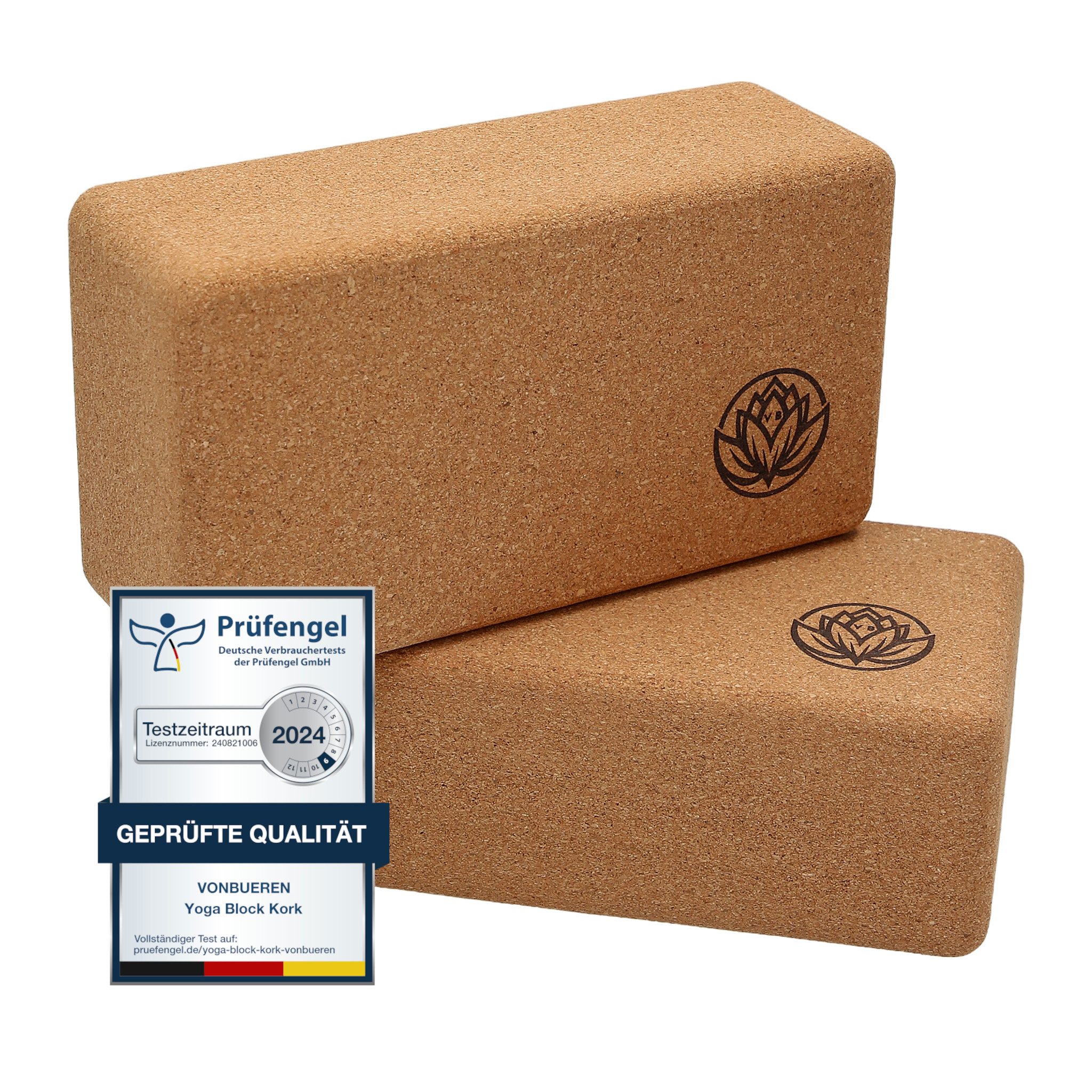 VonBueren Yogablock aus Kork 22 x 12 x 7,5 cm Yogablöcke Yogazubehör Hatha Klotz, (2 Stück; 4 Stück, 2-tlg)