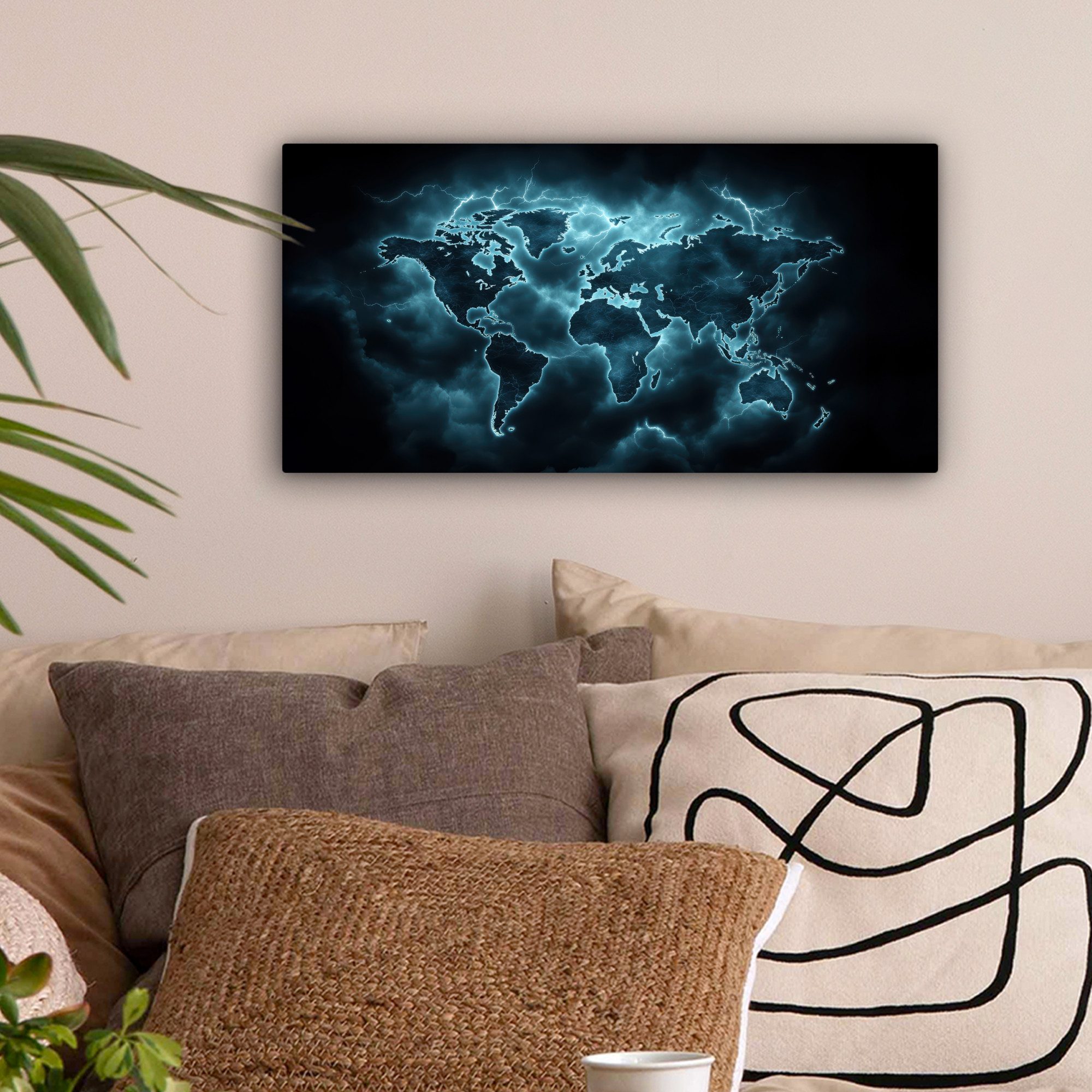 OneMillionCanvasses® Leinwandbild Panorama Weltkarte - Blitz - Blau, Fotodruck (1 St), Wandbild, Deko Schlafzimmer Wohnzimmer Flur 40x20 cm