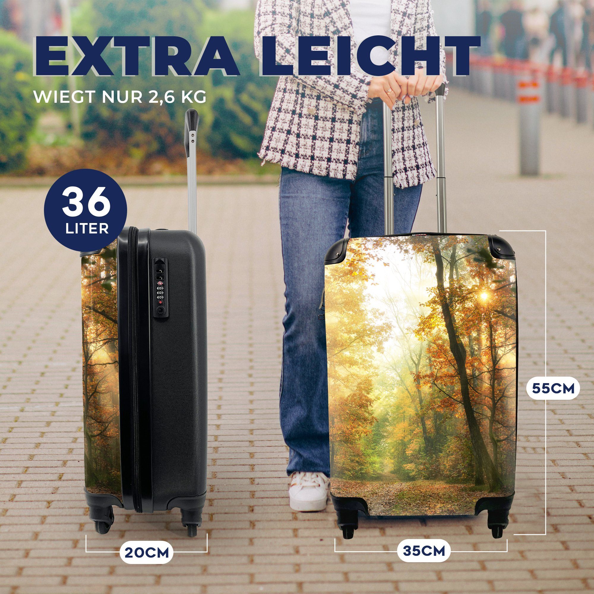 MuchoWow Handgepäckkoffer Wald Rollen, Ferien, - rollen, Reisekoffer Sonne Laub, Handgepäck - Herbst für Bäume - Trolley, mit Reisetasche - - 4 Landschaft - Natur