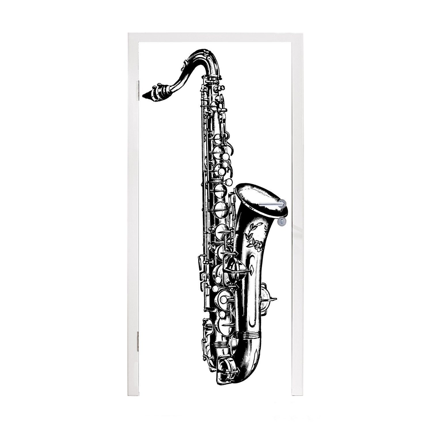 MuchoWow Türtapete Detaillierte Illustration eines Saxophons in schwarz-weiß, Matt, bedruckt, (1 St), Fototapete für Tür, Türaufkleber, 75x205 cm