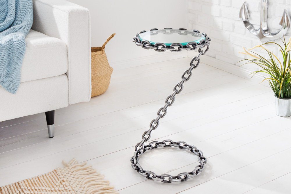 riess-ambiente Beistelltisch CHAINS 35cm silber / transparent (Einzelartikel, 1-St), Wohnzimmer · Glas · Metall · Handarbeit · Kettengestell · Industrial