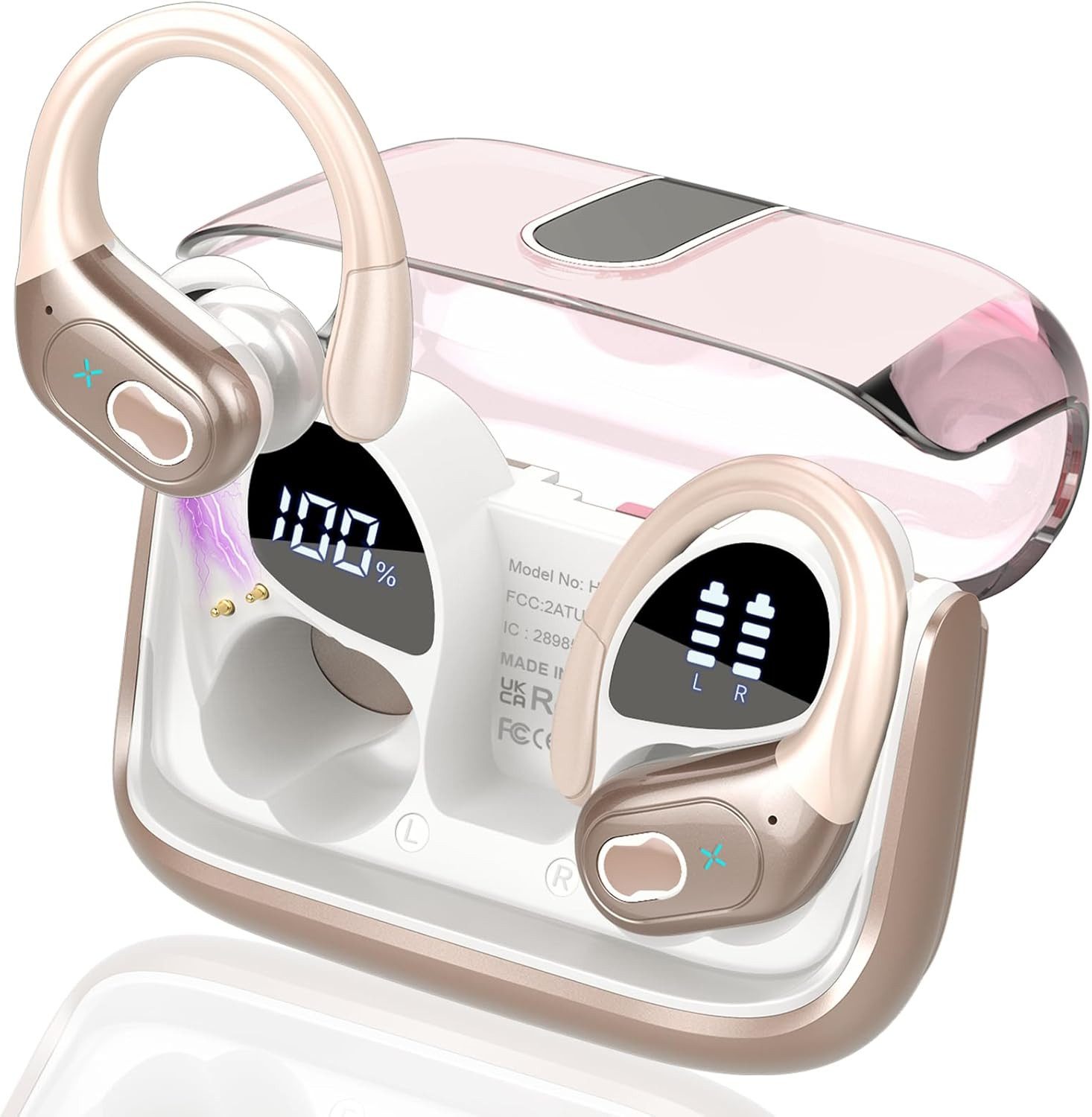 Futicare Sportkopfhörer Bluetooth 5.4 mit Ohrbügel,ENC-Mikrofon und 75 Std.Akku In-Ear-Kopfhörer (kabelloses Headset mit Dual-LED, IPX7 für Laufen, Fitness & Alltag, physische Tastensteuerung gegen versehentliche Berührungen)