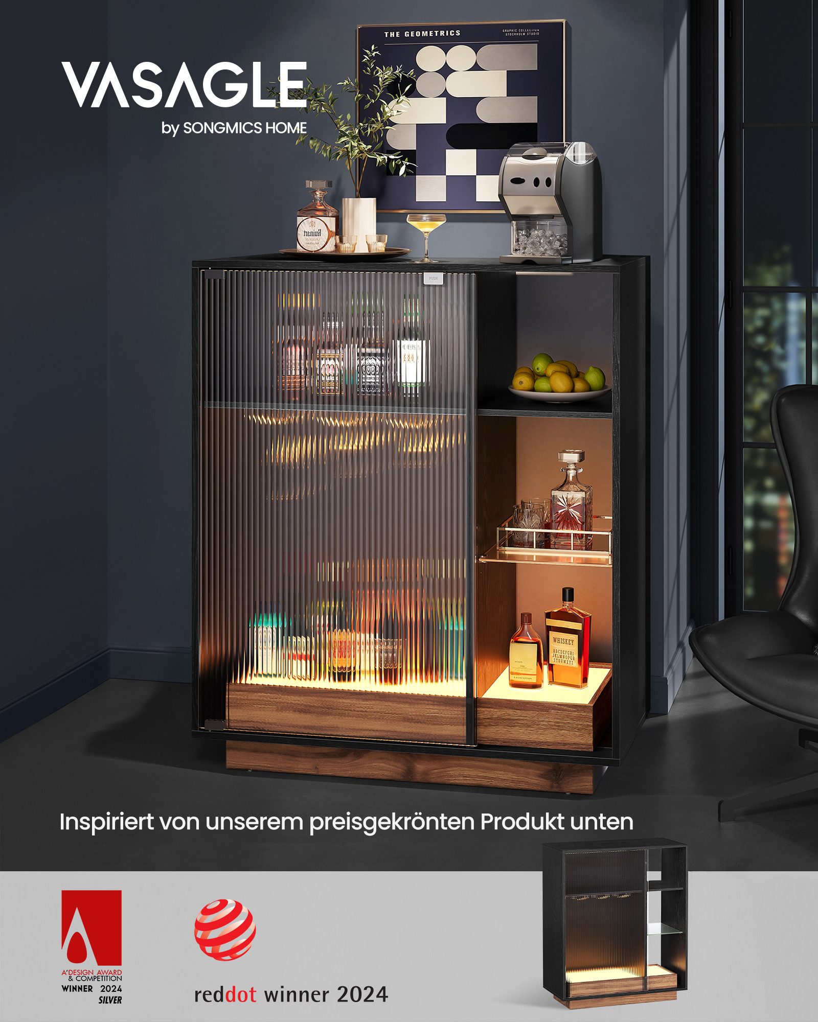 VASAGLE Sideboard Weinschrank mit Beleuchtung, Sideboard mit LED, 42 x 88 x günstig online kaufen