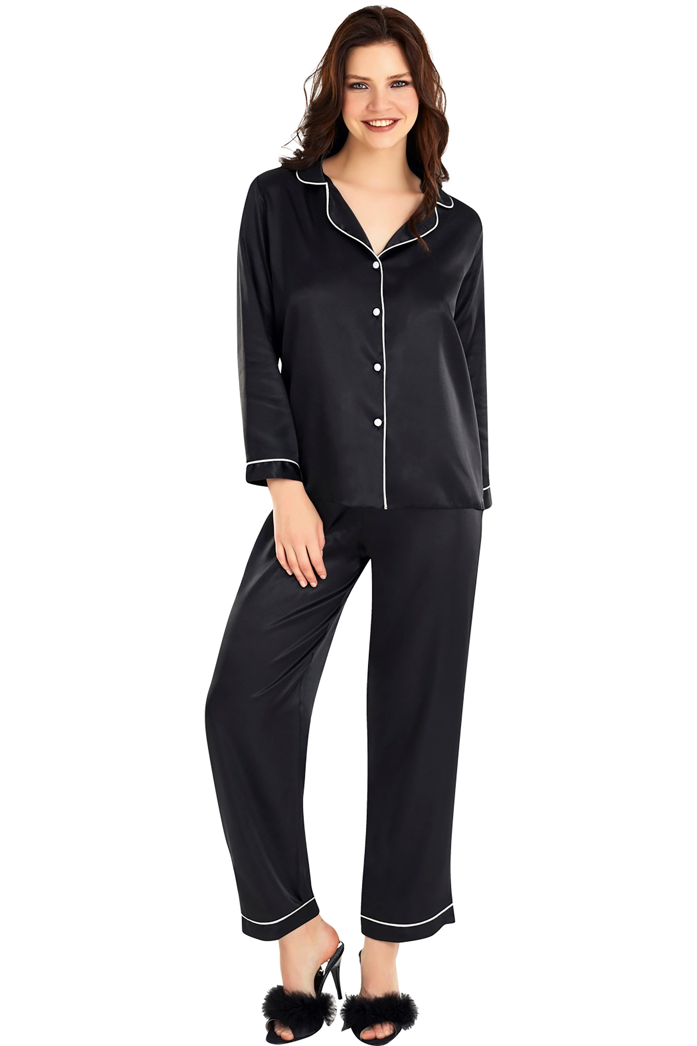 Pyjamahose Damen 2-teiliges Satin-Pyjama-Set mit Zierborte günstig online kaufen