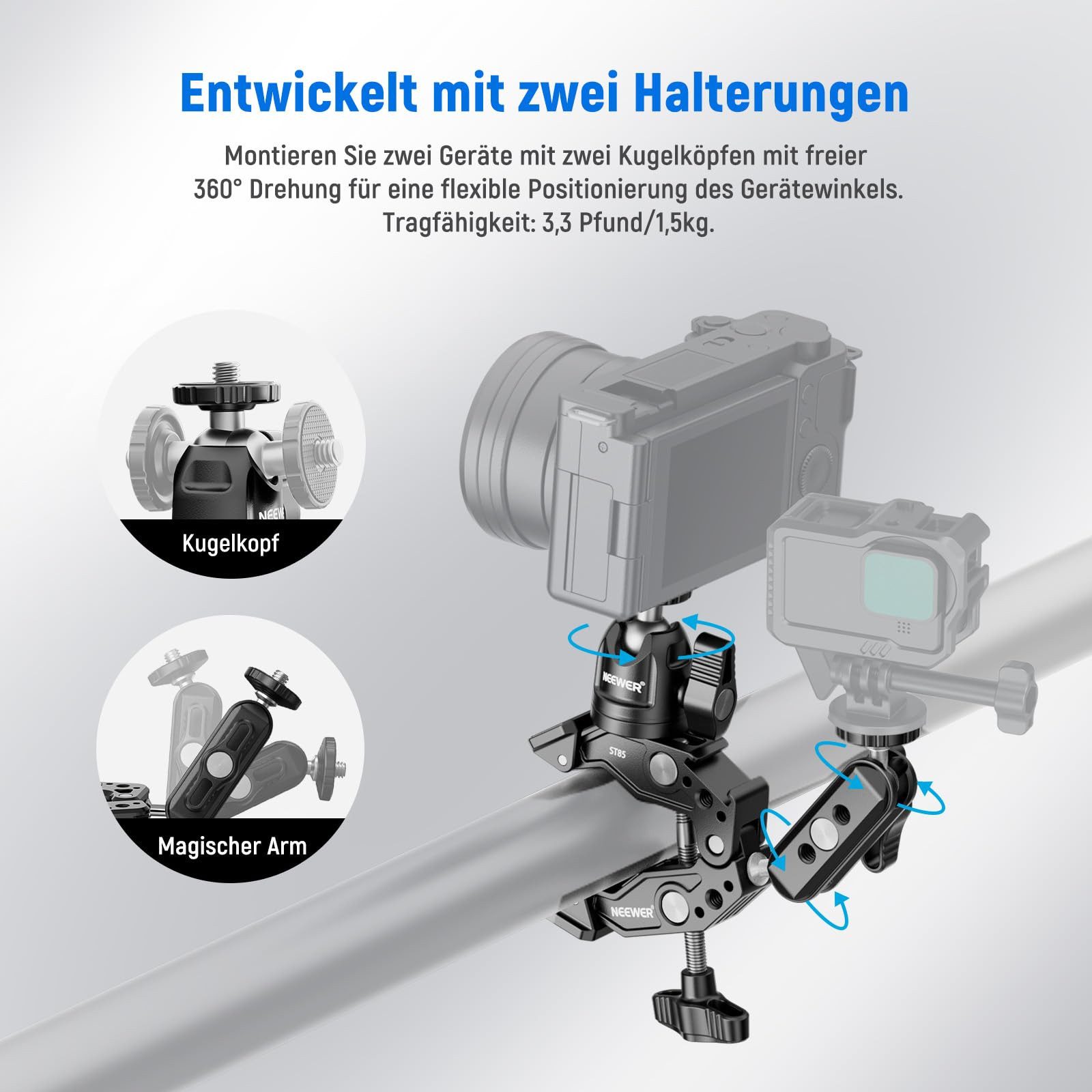 Neewer Kamerahalterung ST85 Super Clamp mit 7.6 cm Doppelkugelkopf-Magic-Arm, (bis 3,3 Zoll, Packung, Farbe:schwarz, Grundfarbe:schwarz, mit 360° Kugelkopfadapter, Klemmhalterung für GoPro DJI Smartphones)