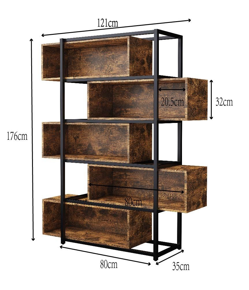 Flieks Bücherregal brauner Holzoptik, 5 verstellbare Fächer, 1-tlg., Standregal mit 5 Abnehmbaren Ebenen Büroregal Schrank, Stahlgestell – Bild 4 von 5