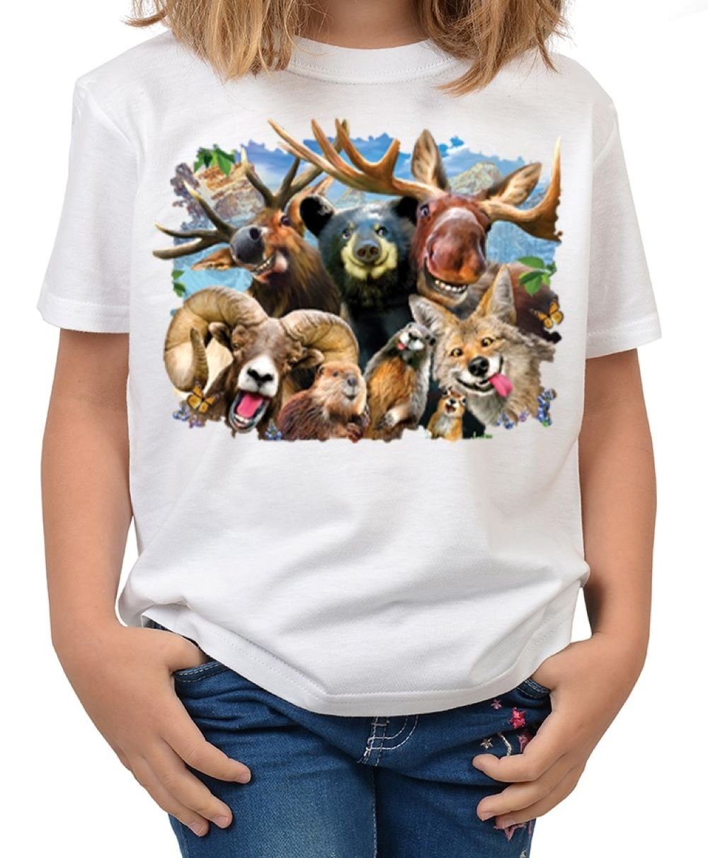 Tini - Shirts T-Shirt Wildtier Motiv Kindershirt lustiges Wildtier Motiv - buntes Elch / Hirsch / Bär Foto - Tier-Selfie : Selfie Rocky Mountain