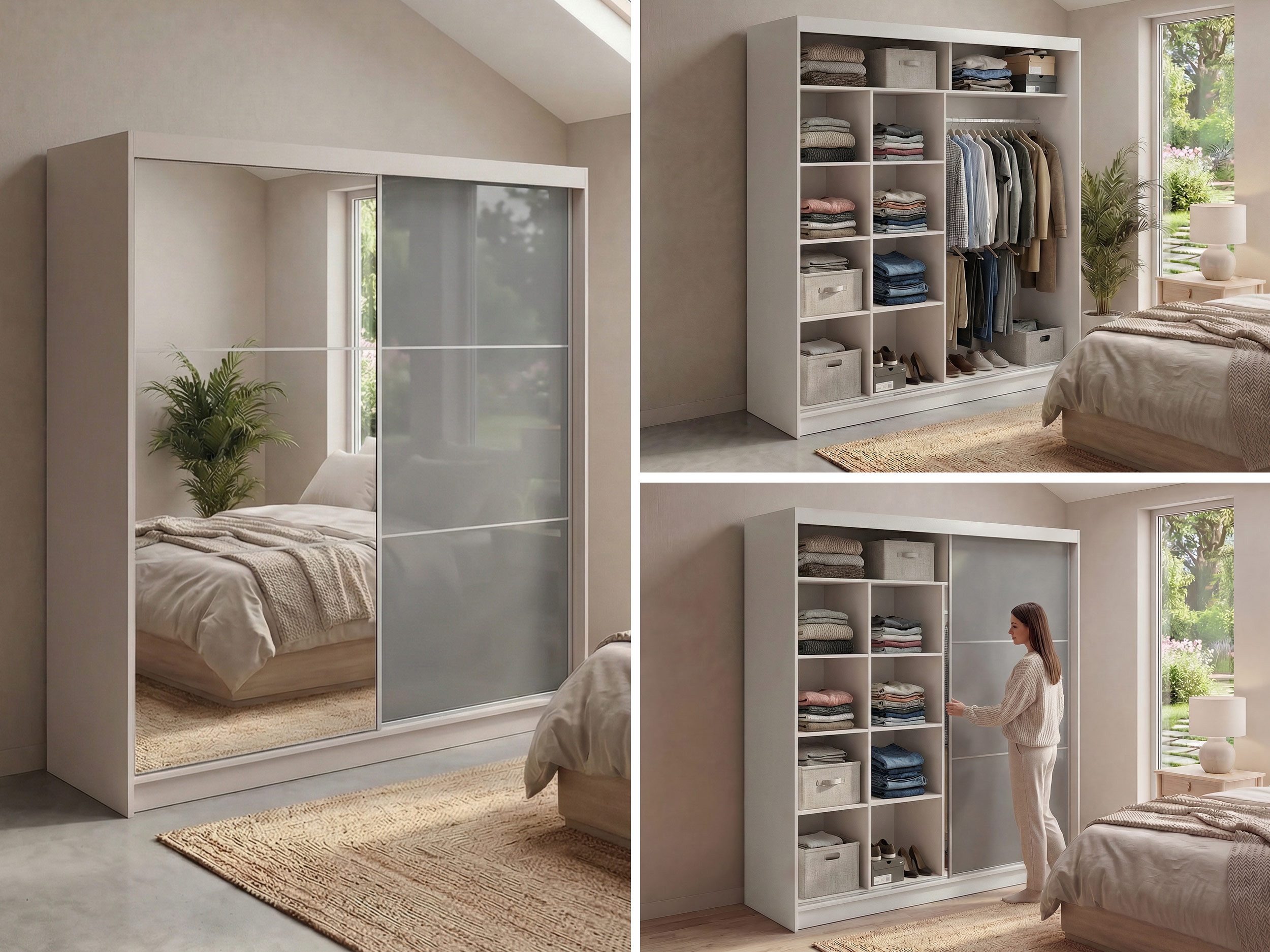 MKS MÖBEL Schiebetürenschrank WALENCJA 200 (Kleiderschrank mit Spiegel und Lacobel, mit Schiebetüren) Schlafzimmerschrank mit Stauraum, 216 cm hoch, 61 cm tiefe