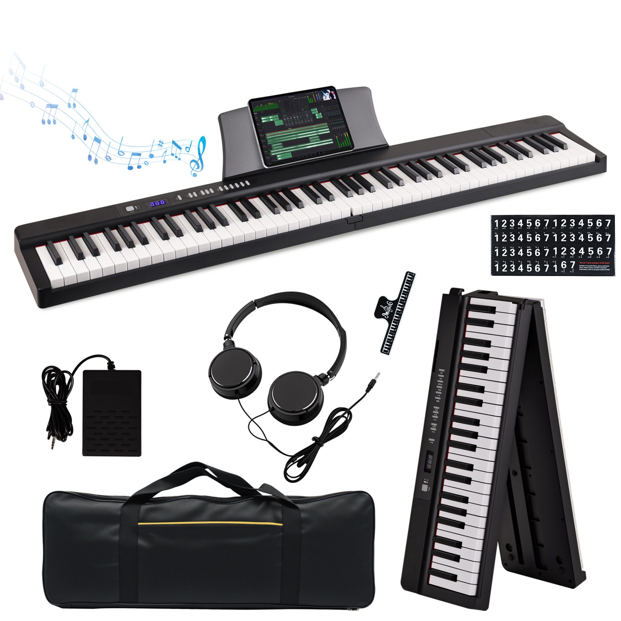 Rebonique Home-Keyboard 88 Tasten Digitalpiano faltbar mit Bluetooth MIDI, 128 Sounds & Tasche, 128 Rhythmen, 80 Demos, 64-fache Polyphonie, Dual Keyboard, Dual Voice