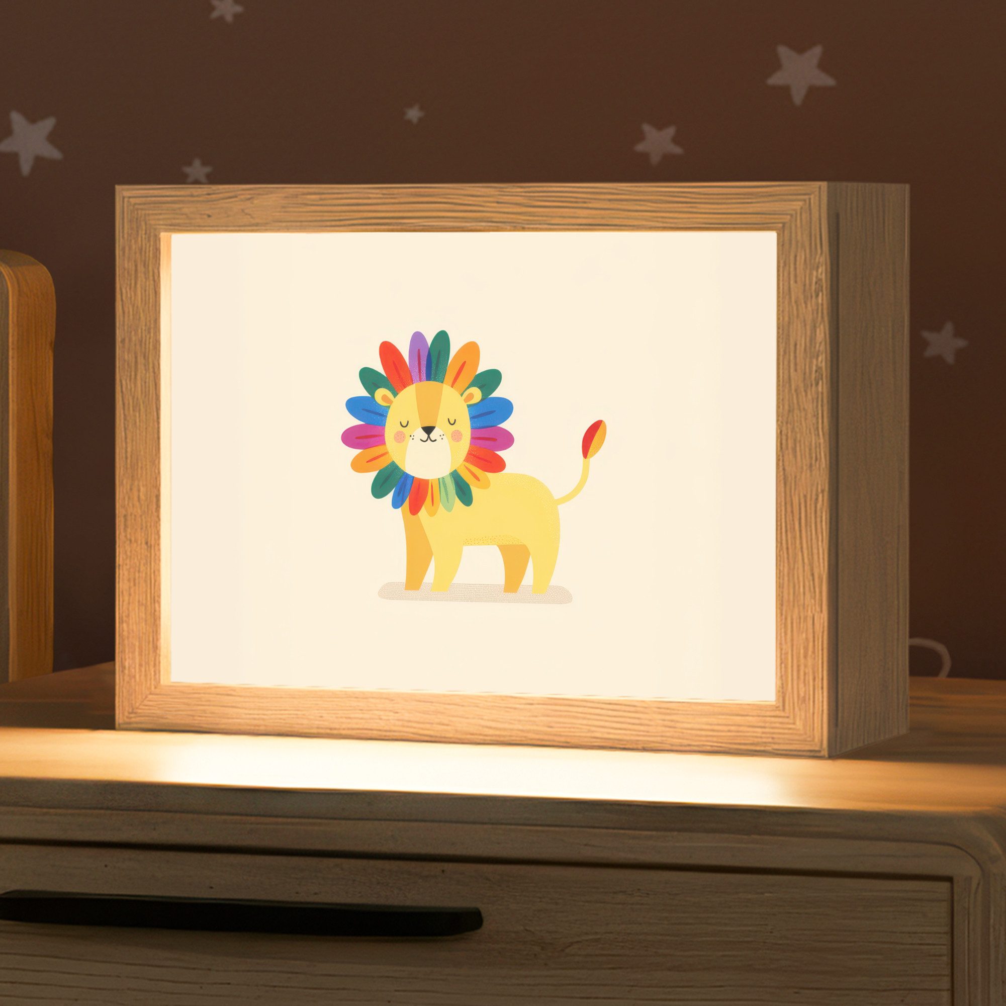 OnlyWow Nachttischlampe Lightbox Löwe - Bunte Mähne - Beige - Jungen, Dimmbar, Farbwechsel, LED, Warmweiß, Kaltweiß, Neutralweiß Einstellbar, Nachtlicht, Kinder- und Babyzimmer, Dimmbar, mit Kabel, Tischleuchte