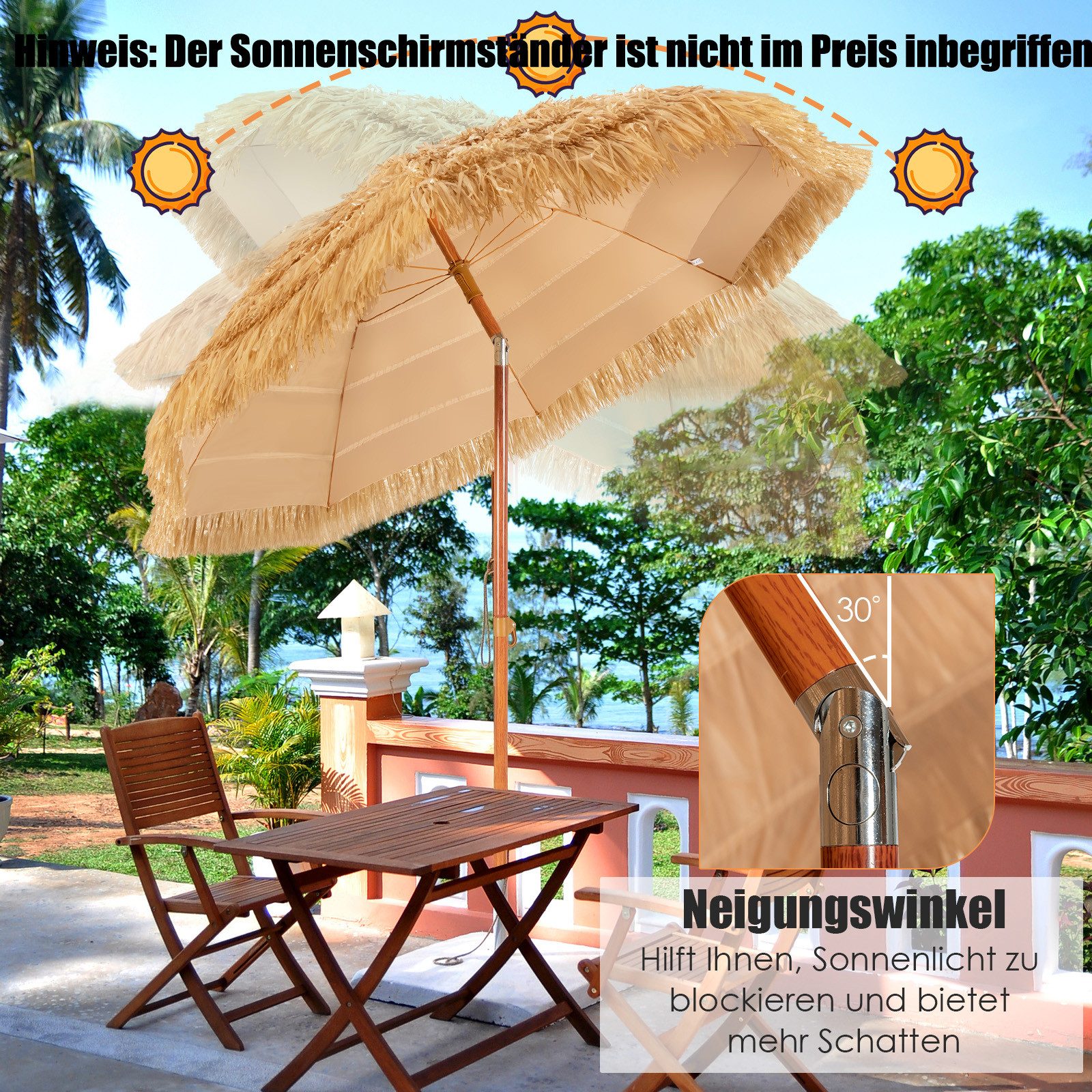 COSTWAY Sonnenschirm, LxB: 175,00x175,00 cm, Strandschirm Reisstroh neigbar