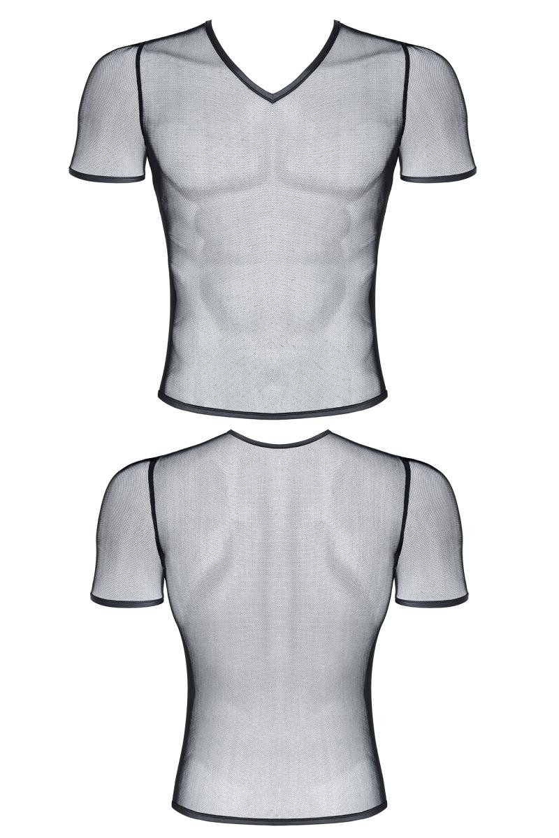 T-Shirt Herren T-Shirt schwarz kurzarm aus wetlook Material Hemd dehnbar trans