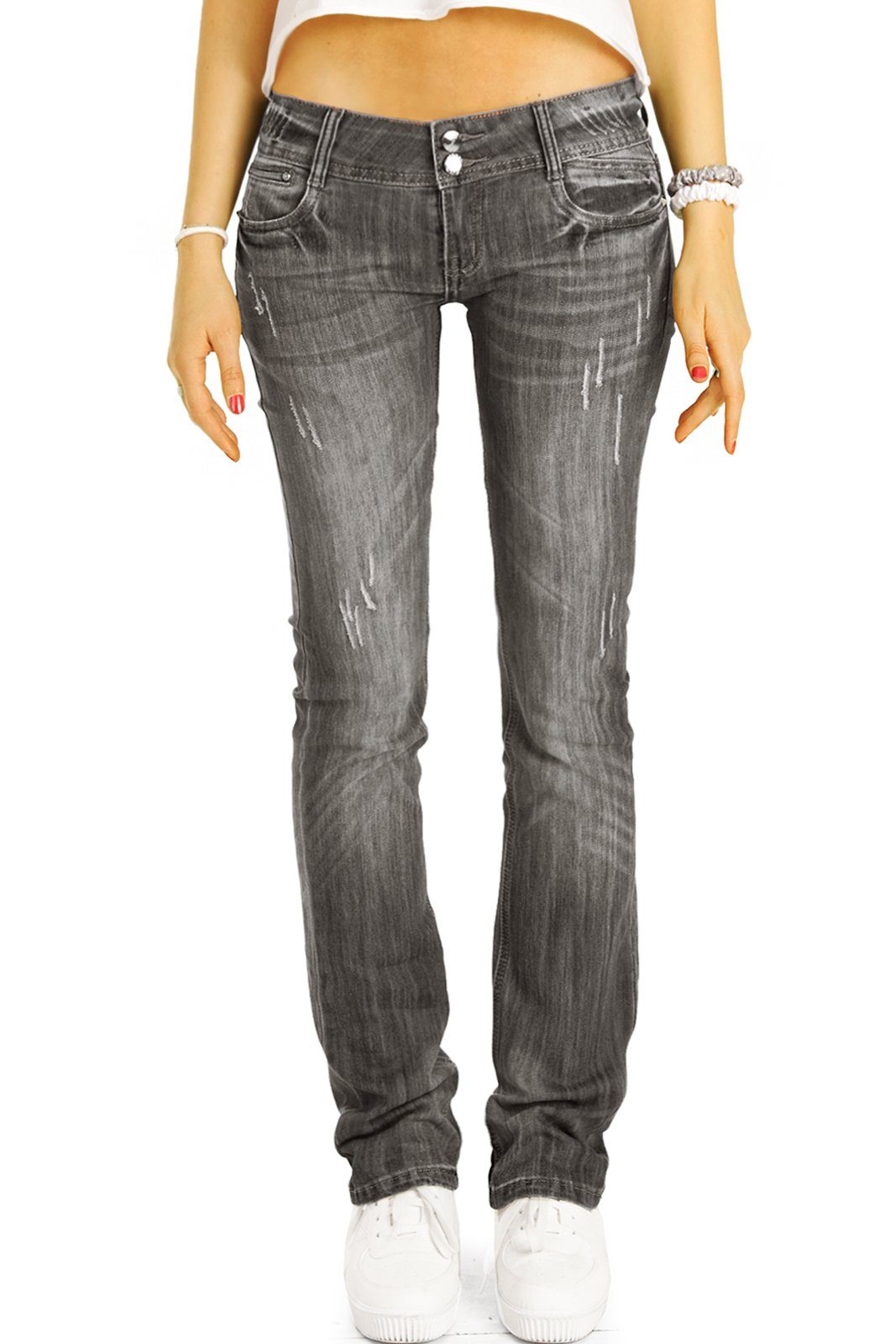 grau be Straight-Jeans geschnittene gerade waist low j137p-straight styled Hüfthose Damenjeans, 5-pocket