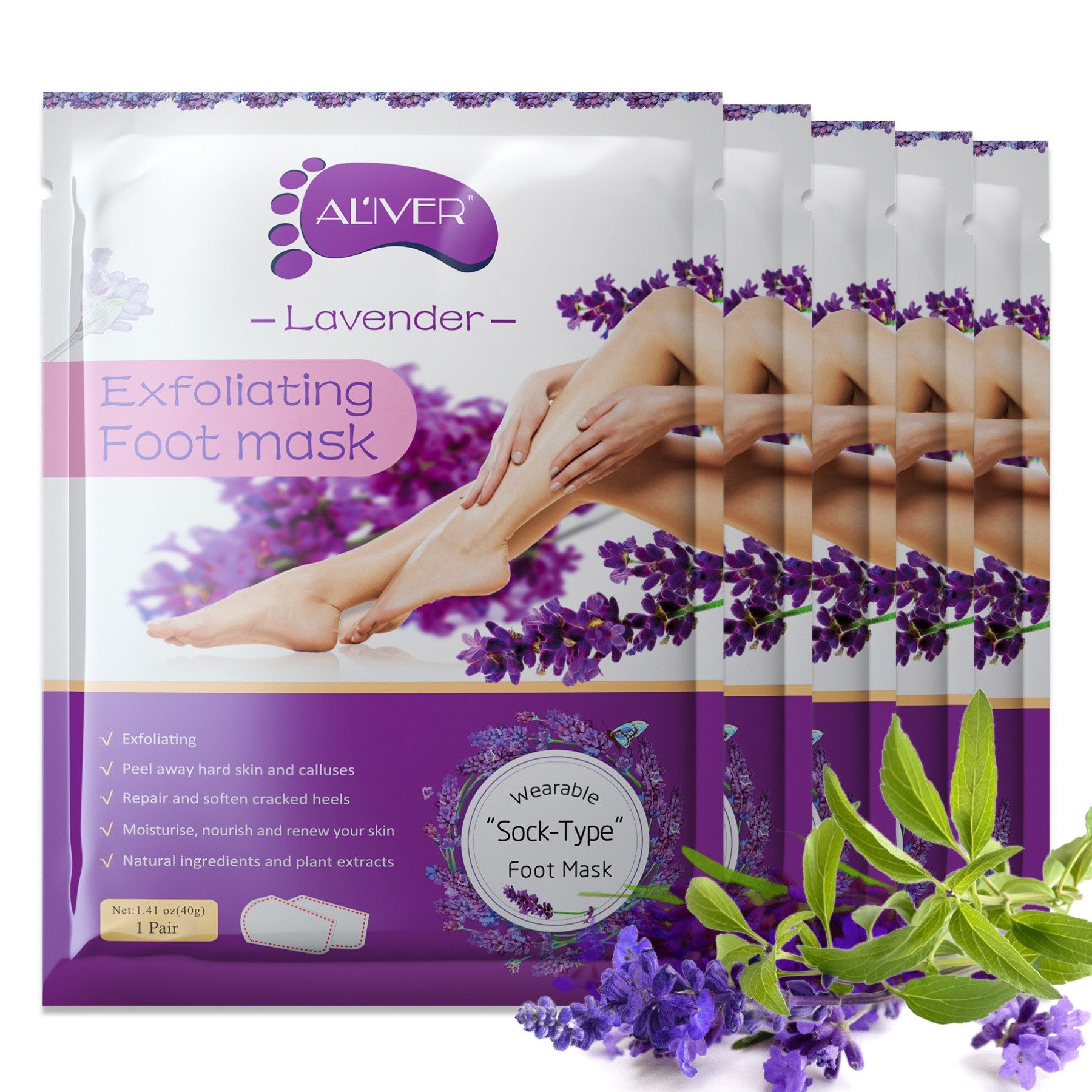 ALIVER Fußmaske Fußpflege Anti Hornhaut Socken Lavendel Aliver, 5-tlg., Lavendel