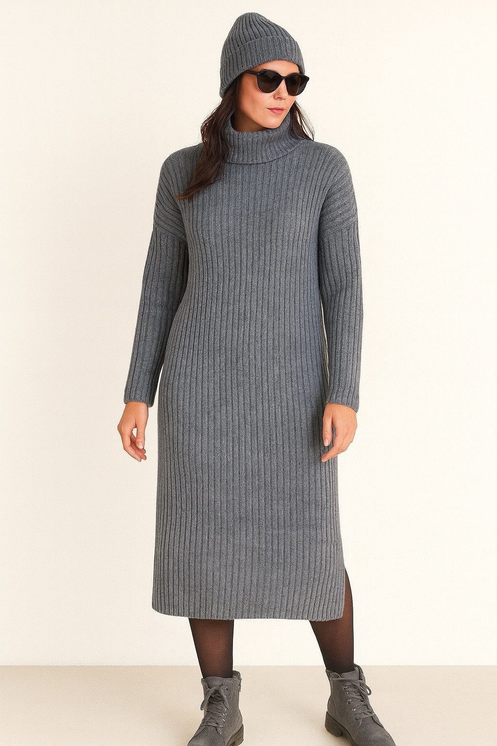 OriginalYou Strickkleid Damen Kleid aus Strick mit Rollkragen Grobstrick, geeignet ab einer Körpergröße von 1,70