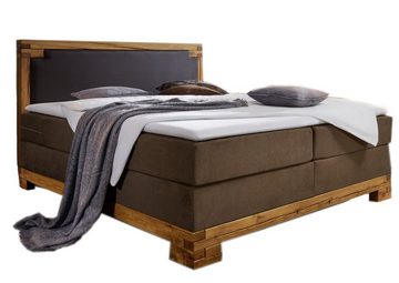 Junado® Boxspringbett Barrington, Boxspringbett, Stoff- und Kunstlederbezug braun, Balkenoptik