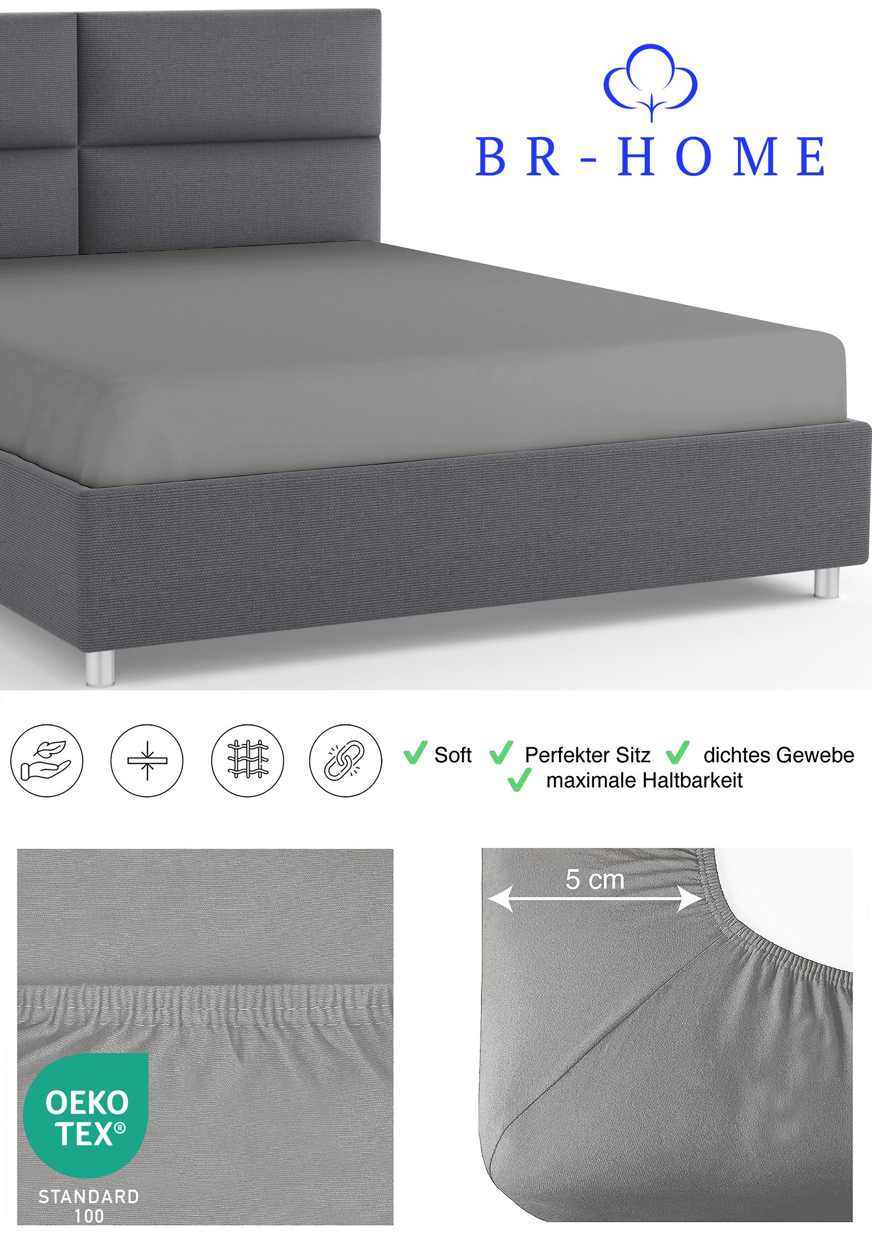BR-Home Spannbettlaken bis zu 25cm, 100% Baumwolle Jersey Bettlaken, Spannbetttuch 145 g/m², Gummizug: rundum, (1 Stück), Rundumgummi, Atmungsaktiv – Bild 5 von 5