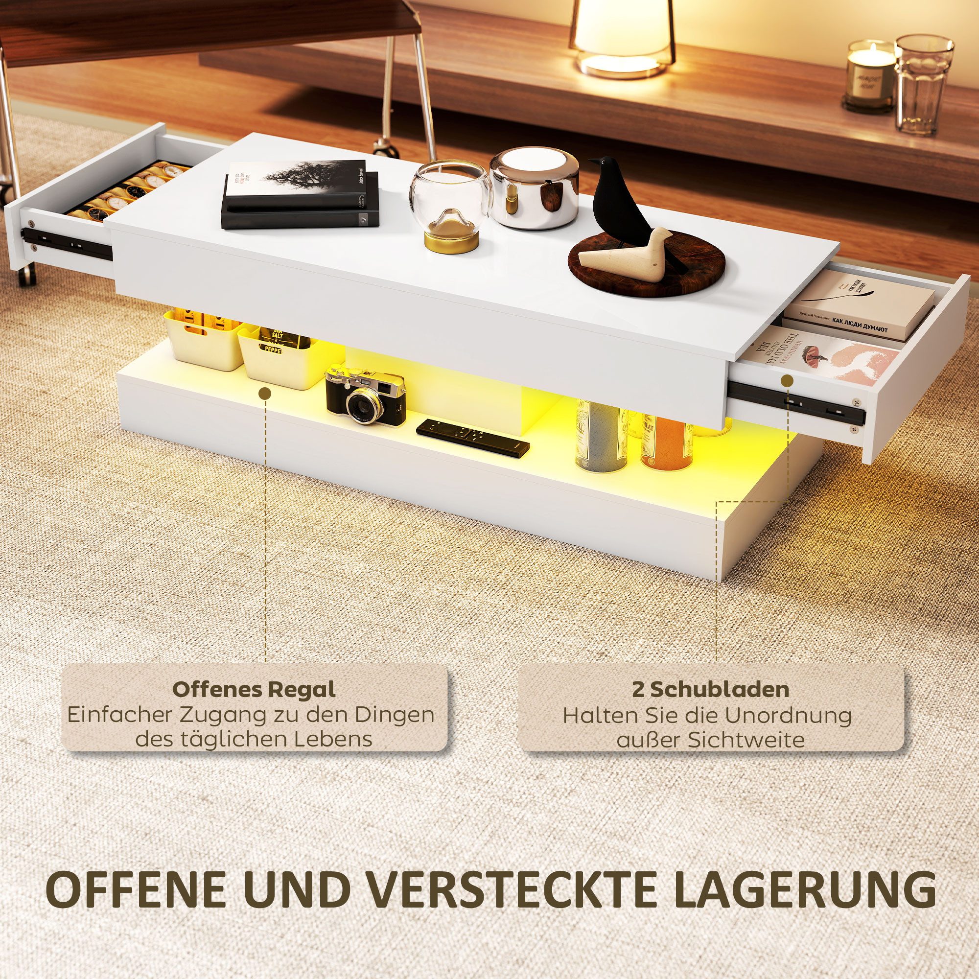HOMCOM Couchtisch Hochglanz mit 12-Farbiger LED Beleuchtung mit 2 Schublade (Wohnzimmertisch, 1-St., Modern Beistelltisch), Kaffeetisch für Wohnzimmer 120 x 50  – Bild 5 von 5