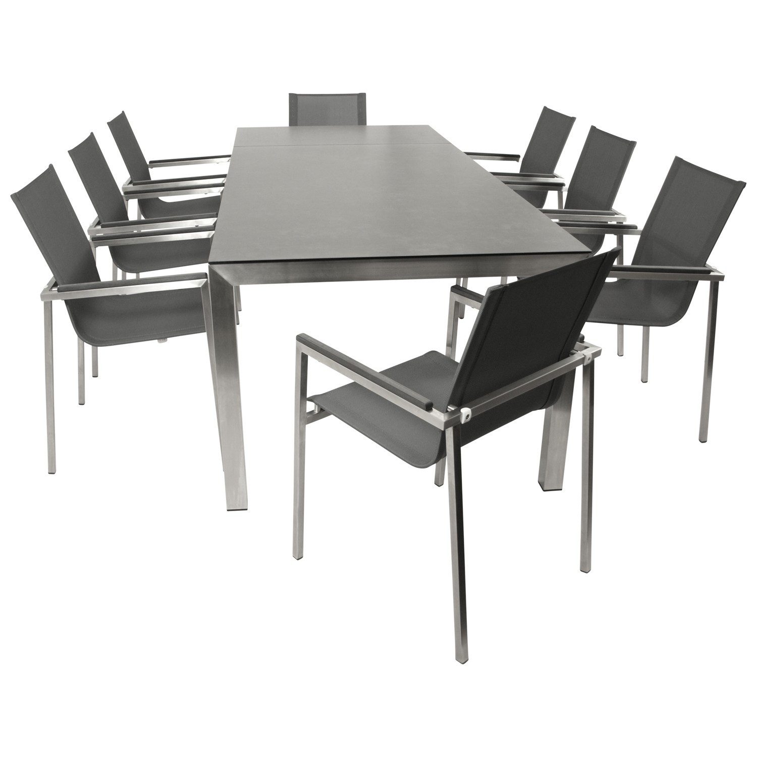 DEGAMO Garten-Essgruppe MELBOURNE Edelstahl, (9-tlg., 8x Stapelsessel, 1x Ausziehtisch 180/240x100cm), Oberfläche gebürstet, Tischplatte Keramikoptik ausziehbar, wetterfest