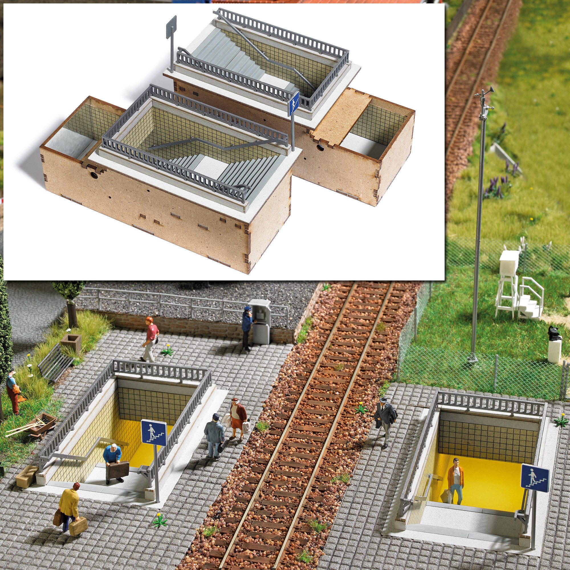 Busch Modelleisenbahn-Tunnel Busch H0 1465 Tunnel Fußgängerunterführung mit Geländer & Hinweiss...
