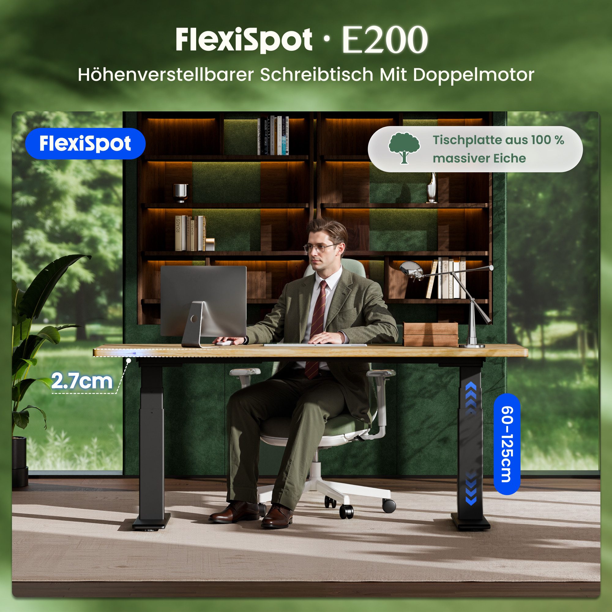 FLEXISPOT Schreibtisch E200 Elektrisch höhenverstellbarer Schreibtisch mit Dualmotor (2 Motore, 3-Fach-Teleskop, 4 Speicherplätze, mit 27 mm Massivholzplatte au – Bild 2 von 5