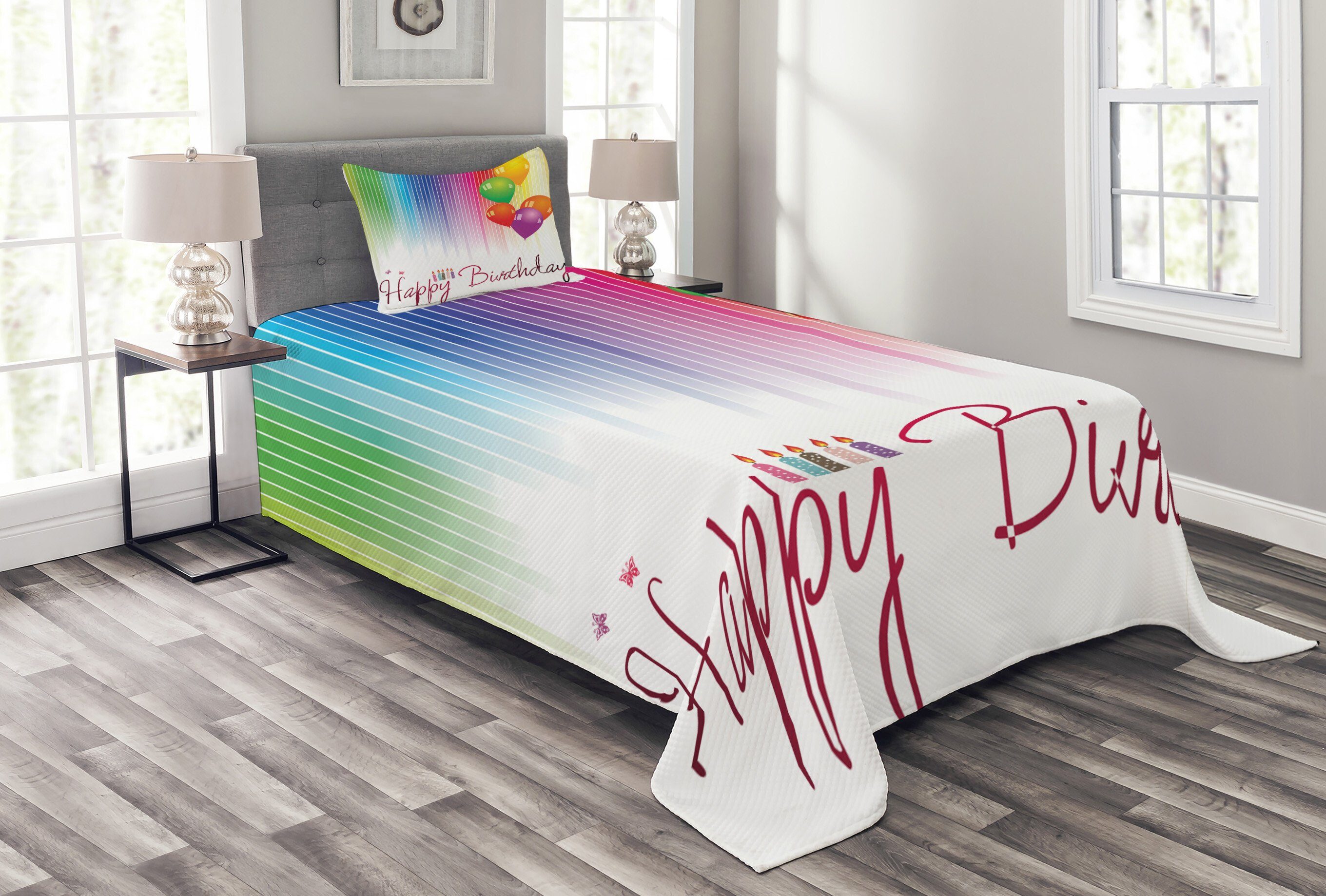 Tagesdecke Set mit Kissenbezügen Waschbar, Abakuhaus, Regenbogen Ballon-Gruß-Kerze | Tagesdecken