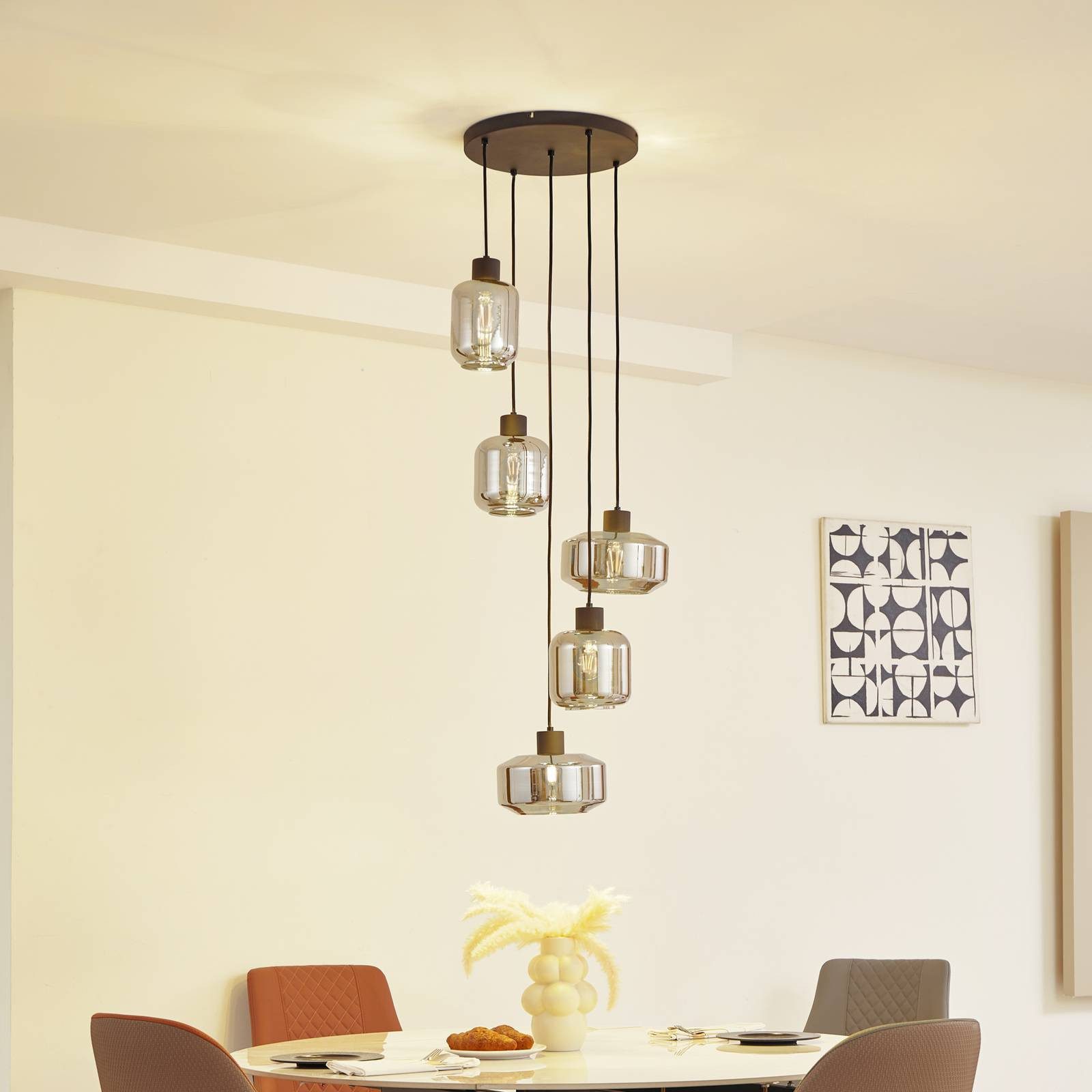 Lindby Hängeleuchte Hildur, Glas Alu IP20, 5 x 15 W LED
