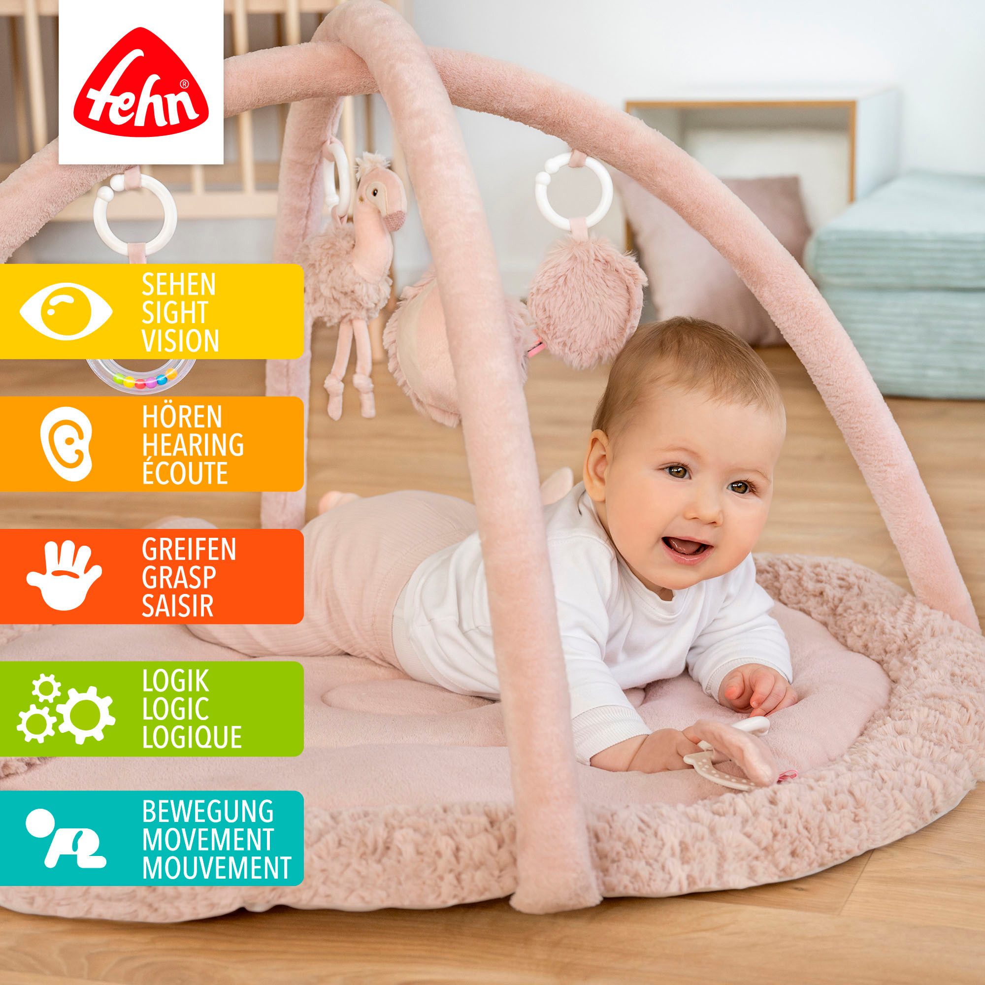 Fehn Spielbogen Lazy, Crazy & Pink, Flamingo, 3-D-Activity-Decke, mit 5 abnehmbaren Spielzeugen
