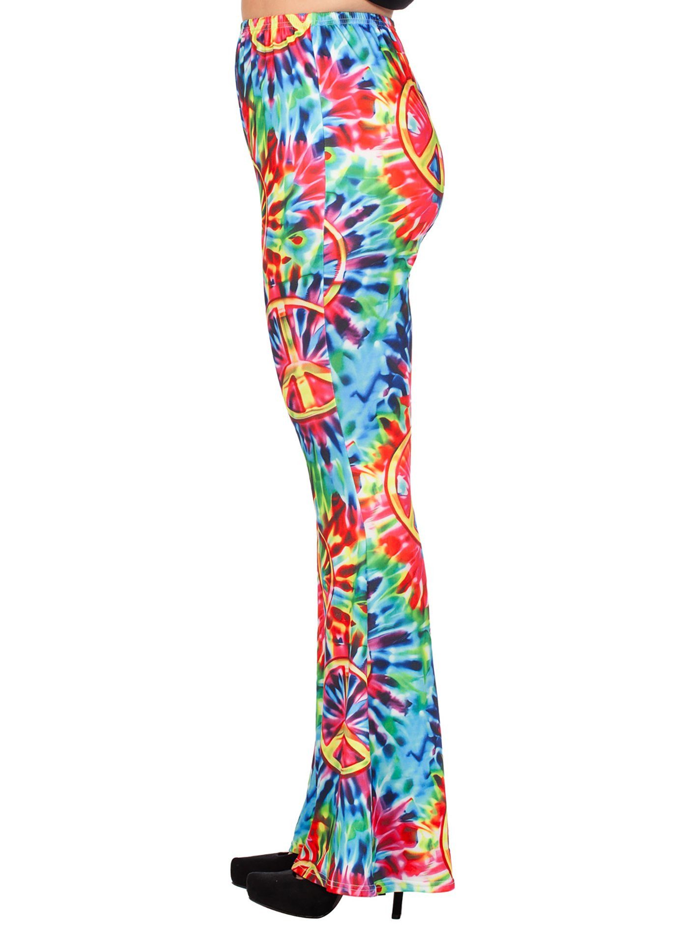 Metamorph Hippie-Kostüm Batik Peace Hippie Hose, Eng geschnittene Schlaghose im Batikdesign