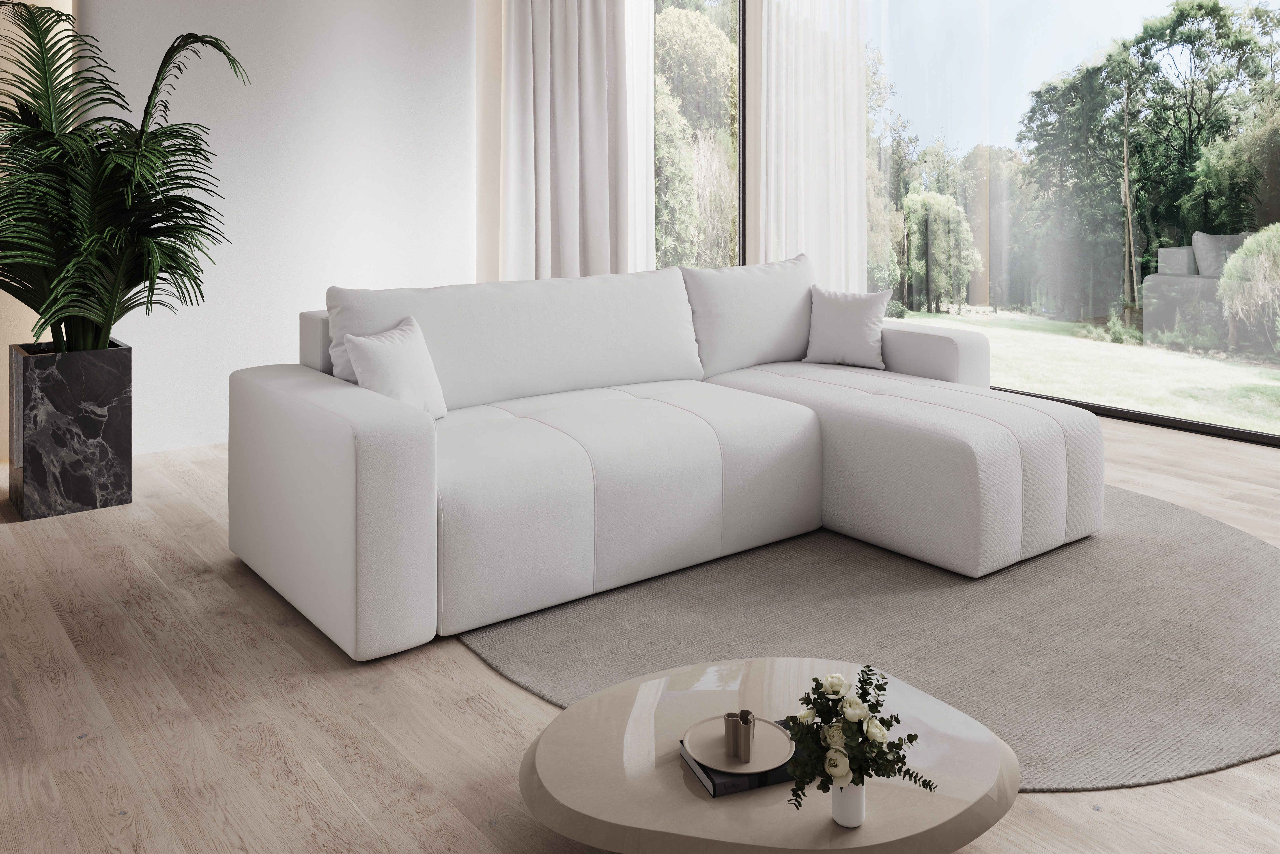 thematys Ecksofa mit Schlaffunktion und Bettkasten, L-Form, Velours + 2 Kissen, 244 x 145cm - Luxus Couch mit Bettfunktion mit Bonnellfedern