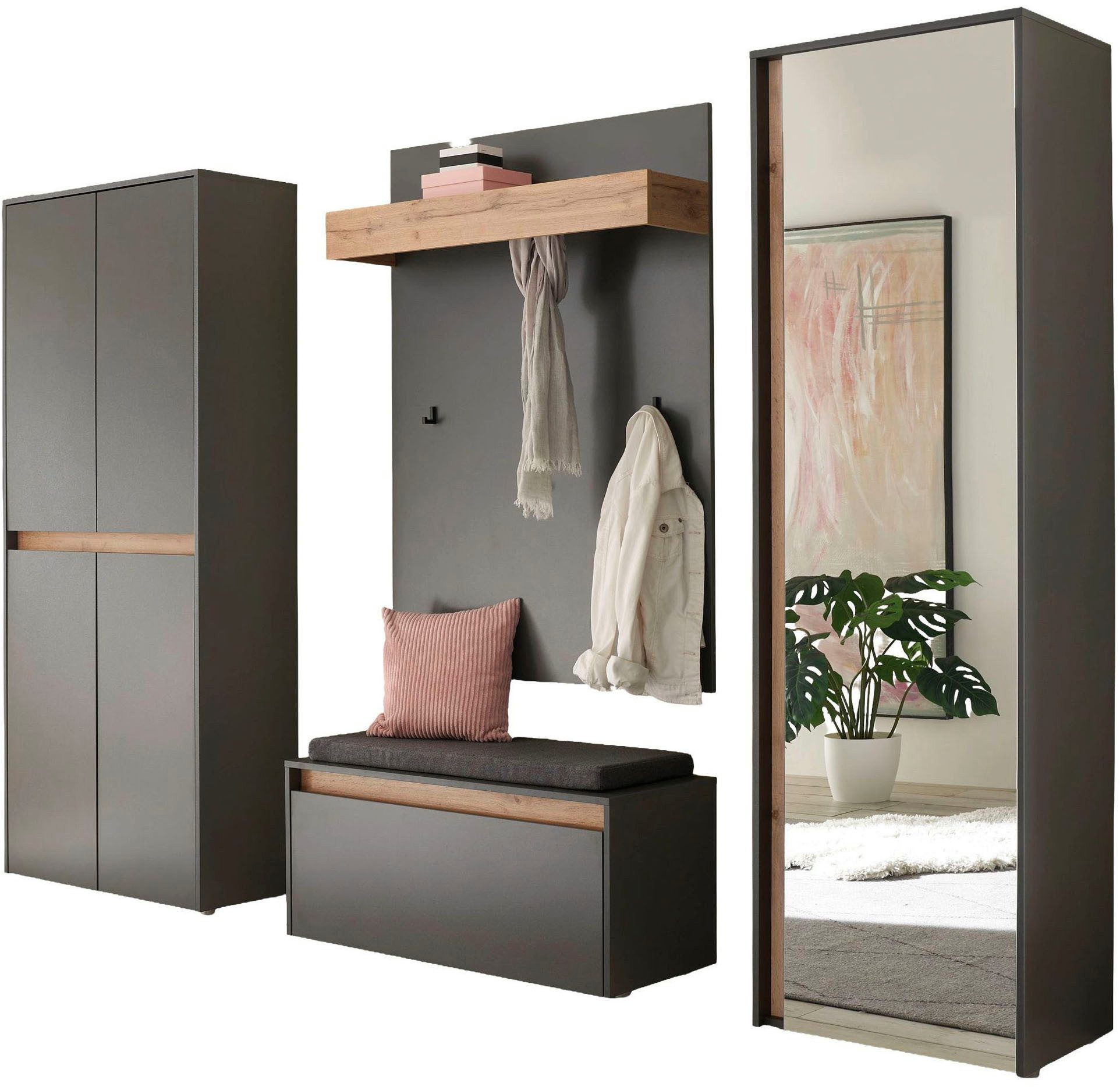 INOSIGN Шкафы-Set City/Giron, moderne Garderobe, viel Stauraum, ca. 40 Schuhe, (Set, 4-St), enthält Schrank mit Spiegel, Schuhschrank, Paneel &Bank inkl. Kissen