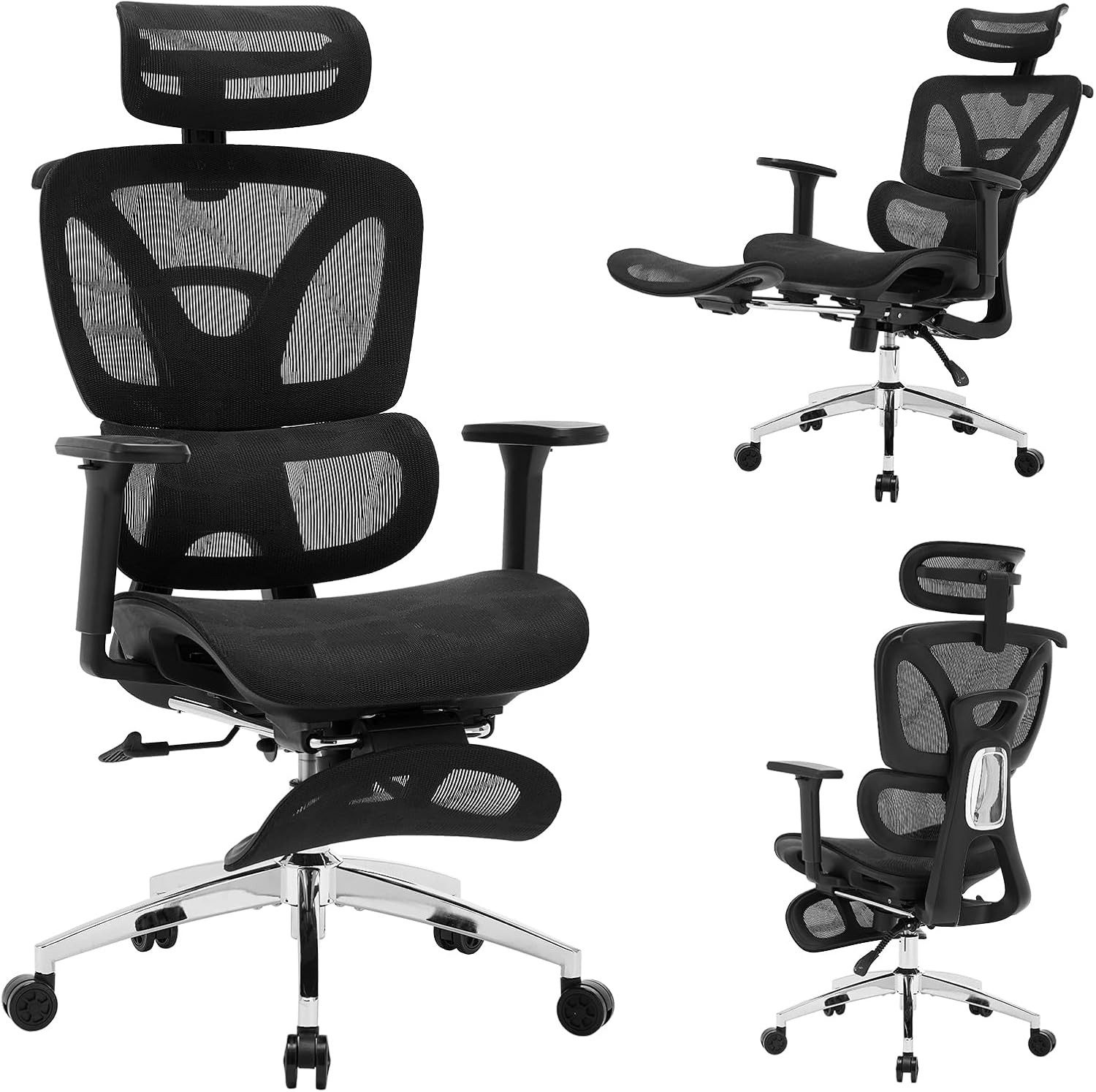 GarveeMore Bürostuhl Ergonomischer,Drehstuhl mit Fußstütze und verstellbarer Lordosenstütze, Home-Office-Stuhl,Gaming-Stuhl mit hoher Rückenlehne aus Netzstoff