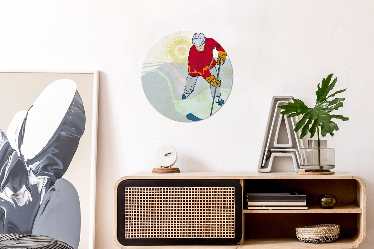 (1 spielt, Forex, St), Wohnzimmer, Wandbild, einer Eishockey Kreis eines MuchoWow Mannes roten Illustration 30x30 Gemälde Jacke, cm der Rundes Wanddekoration mit