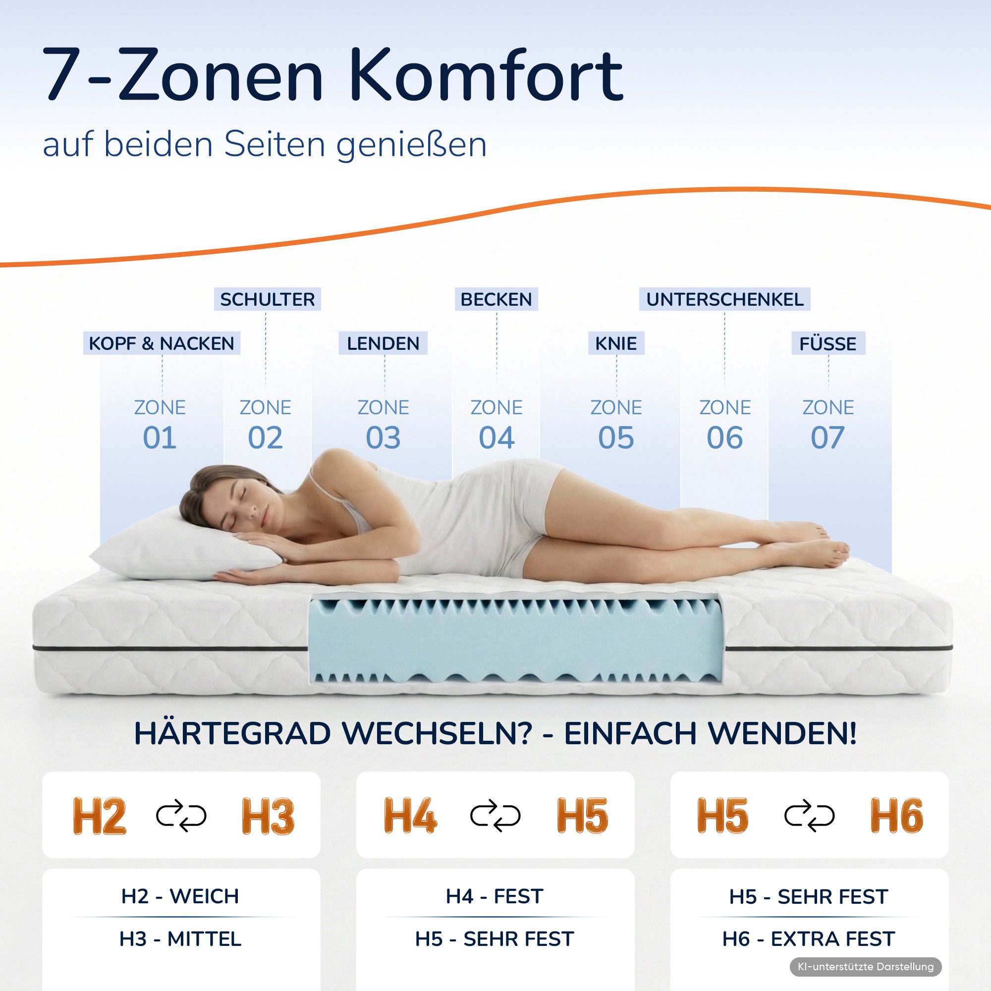 Kaltschaummatratze 7 Zonen ergonomisch H2 H3 H4 H5 H6 - 90x200 120x200 140x200 180x200, MSS e.K., Wendematratze mit zwei Härtegraden, verschiedene Größen und Hö – Bild 4 von 5