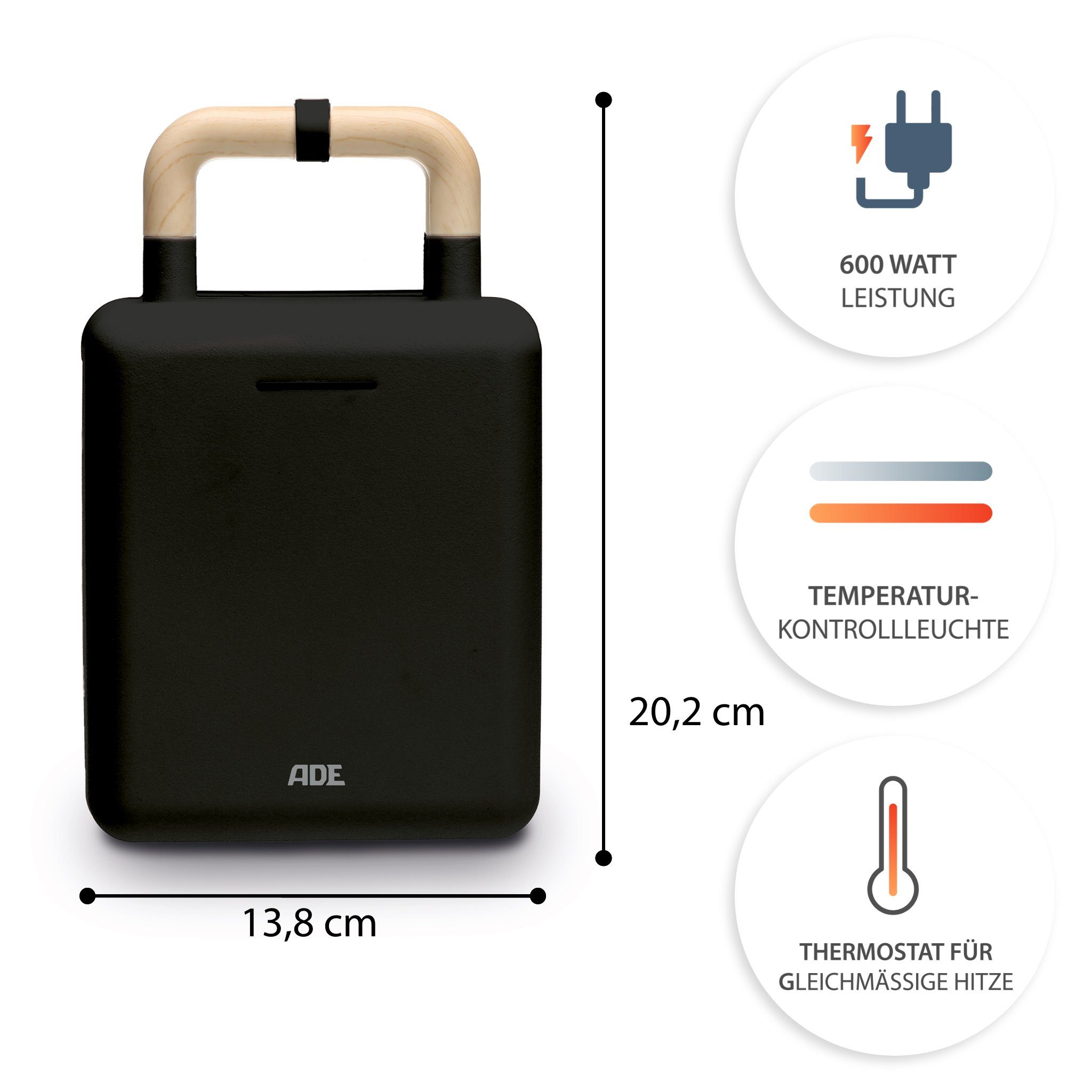 ADE 2-in-1-Kombi-Waffeleisen KG2138, 600 W, Wechselplatten für Belgische Waffeln, XL-Sandwiches, gebratene Eier – Bild 4 von 5