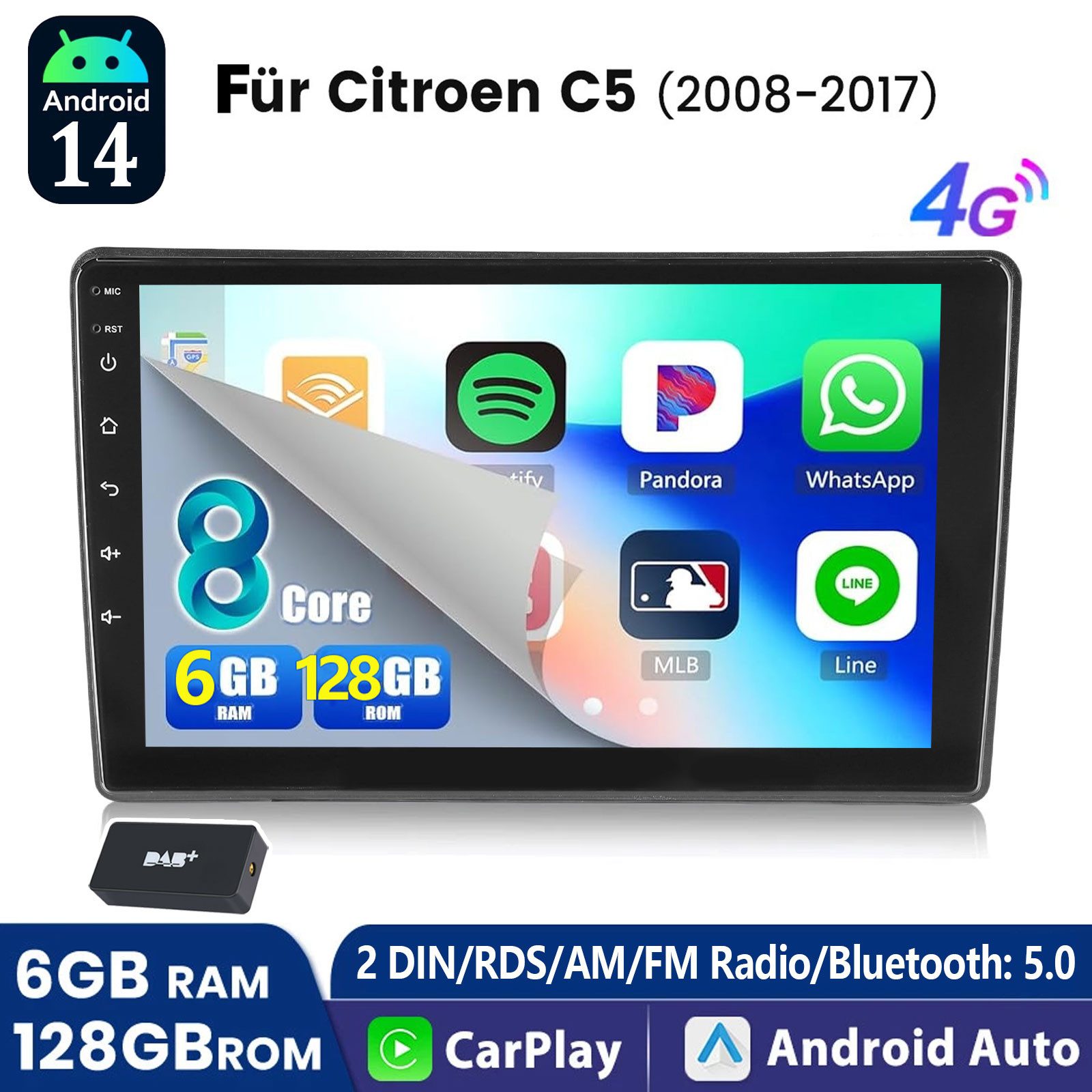 ESSGOO DAB+ 6+128G Android 14 Carplay Autoradio Für Citroen C5 II GPS NAVI BT Navigationsgerät (Apple Carplay Android Auto GPS Navi WIFI BT 5.0 EQ)