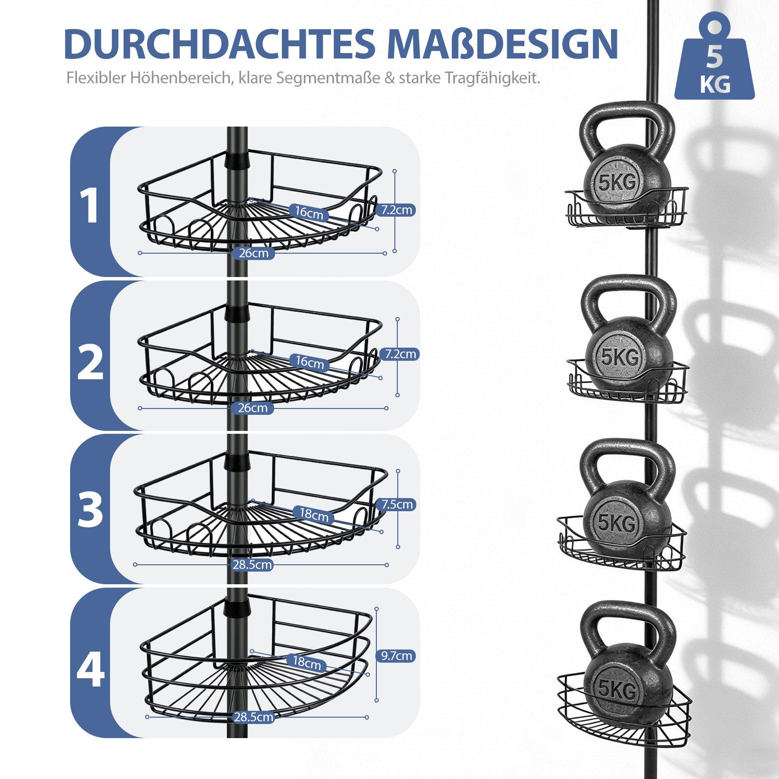 Sekey Duschregal Teleskop-Duschregal ohne Bohren, Eckablagen mit 4 Körbe, Eckregal Bad, 80–310 cm, schwarz – Bild 4 von 5