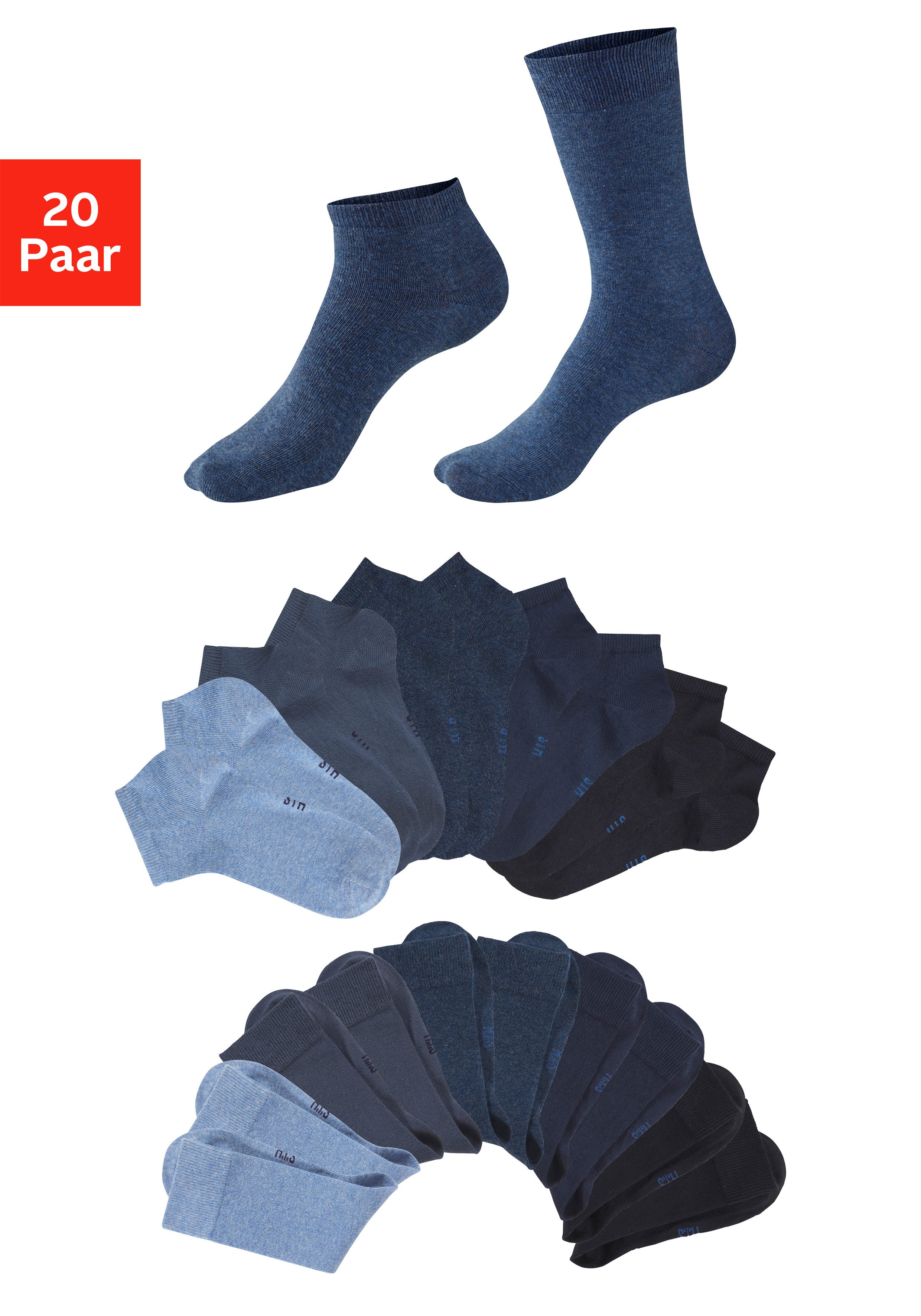 H.I.S Basicsocken Damen und Herren Atmungsaktiver Baumwollanteil, Business, Basic (Packung, 20-Paar, Gr. 35-38 bis 47-48) zwei Längen im Kombi Pack