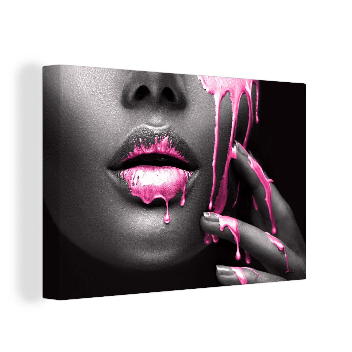 OneMillionCanvasses® Leinwandbild Lippen - Rosa - Schwarz, (1 St), Wandbild für alle Wohnbereiche, Gemälde, XXL, großes, 120x80 cm