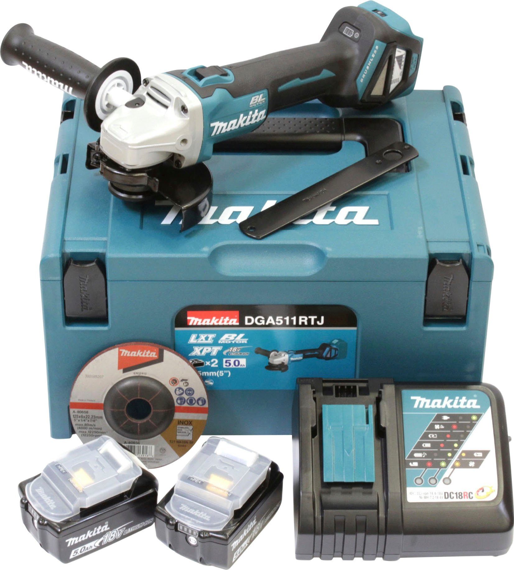 Makita Akku-Winkelschleifer DGA511RTJ, (Set), inkl. Akku, Ladegerät und weiterem Zubehör