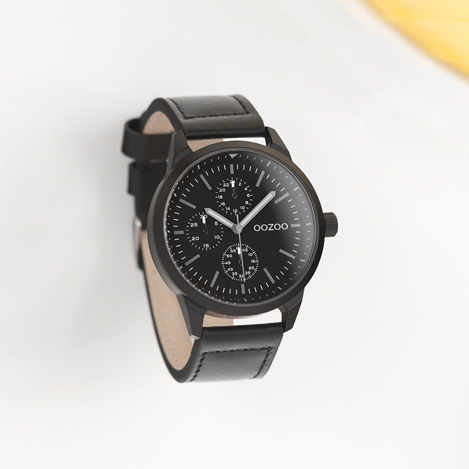 OOZOO Quarzuhr Oozoo Unisex Armbanduhr Casual-Style groß Lederarmband, Herrenuhr (ca. Analog, rund, Damen, 45mm) schwarz