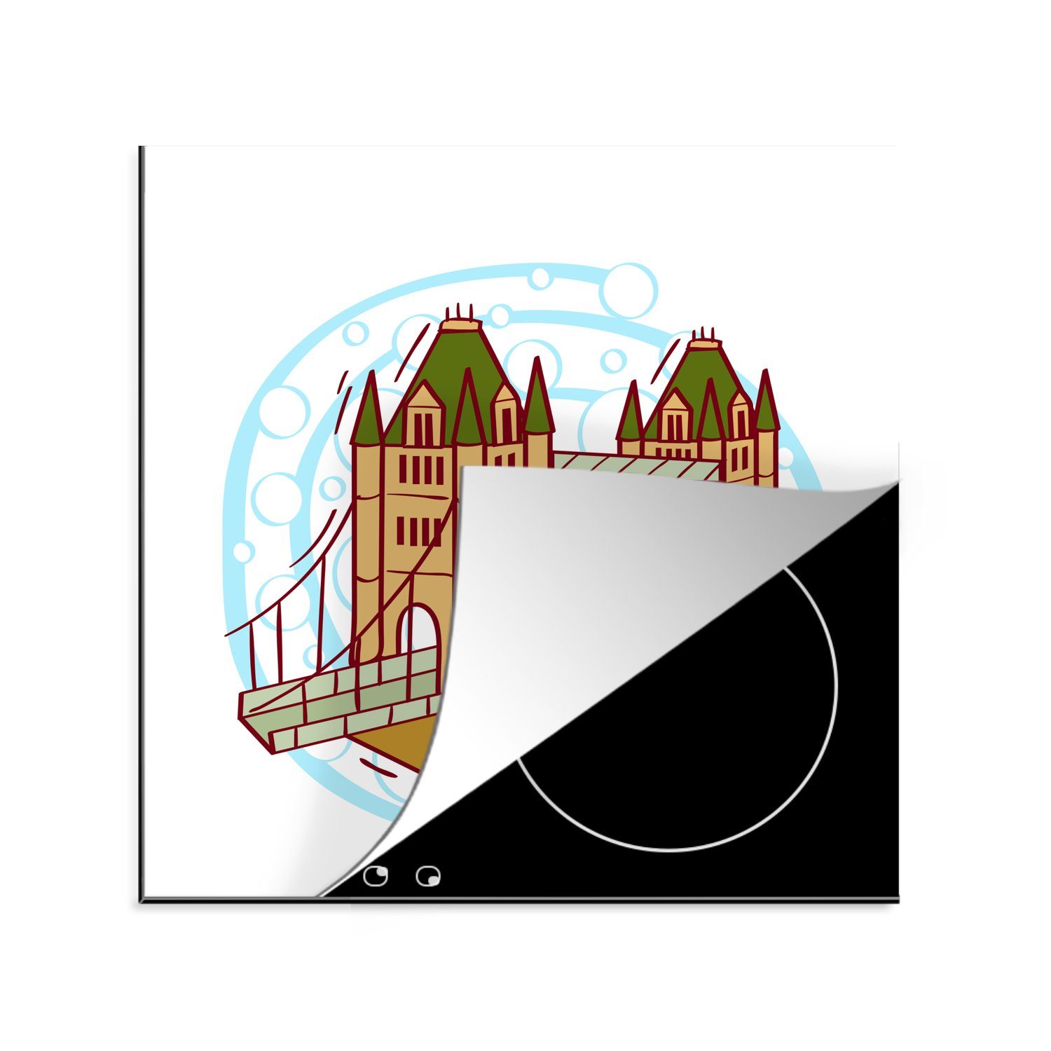 MuchoWow Herdblende-/Abdeckplatte Illustration der Tower Bridge mit blauen Kreisen im Hintergrund, Vinyl, (1 tlg), 78x78 cm, Ceranfeldabdeckung, Arbeitsplatte für küche